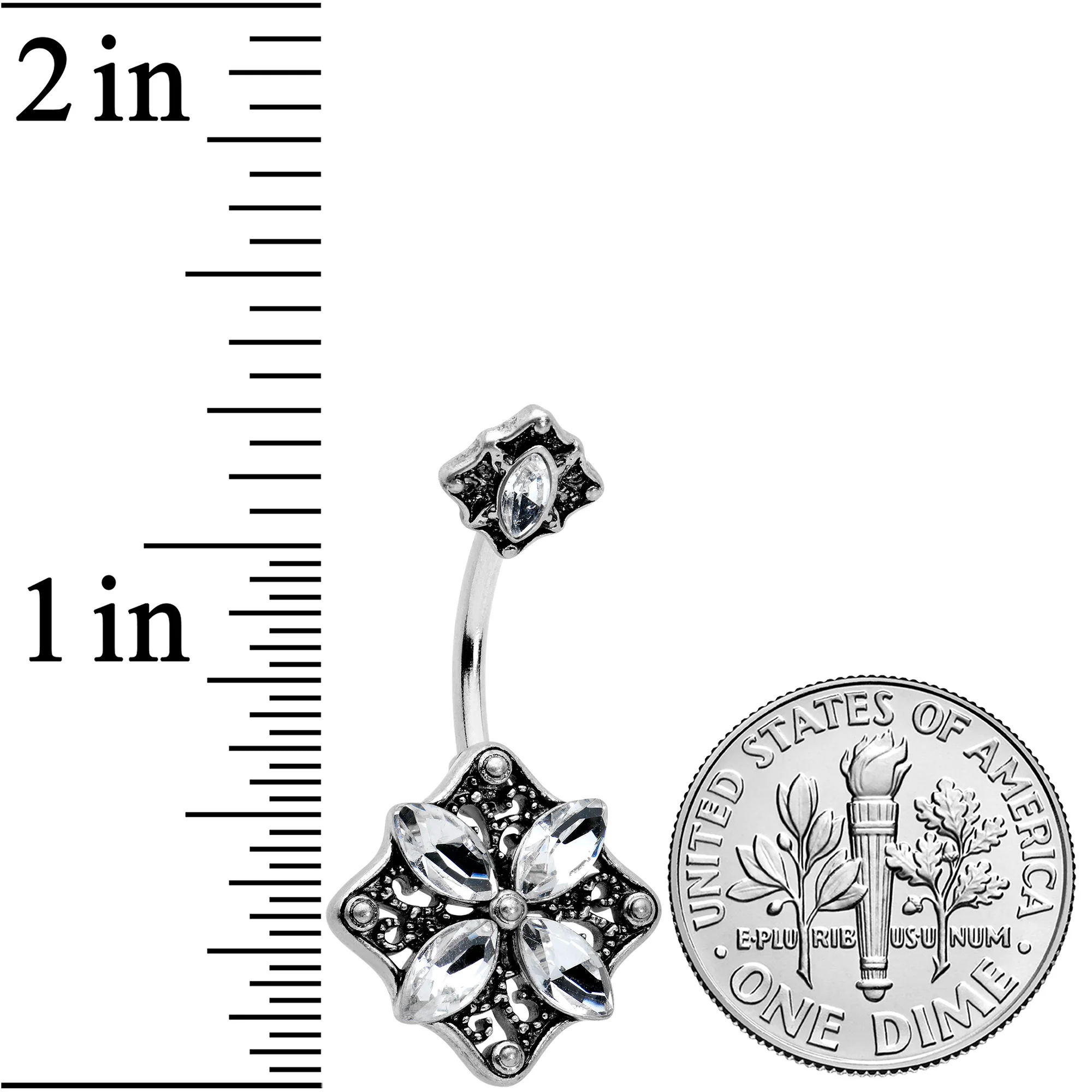 Clear Gem Baroque Rhombus Flower Double Mount Belly Ring - Image 2