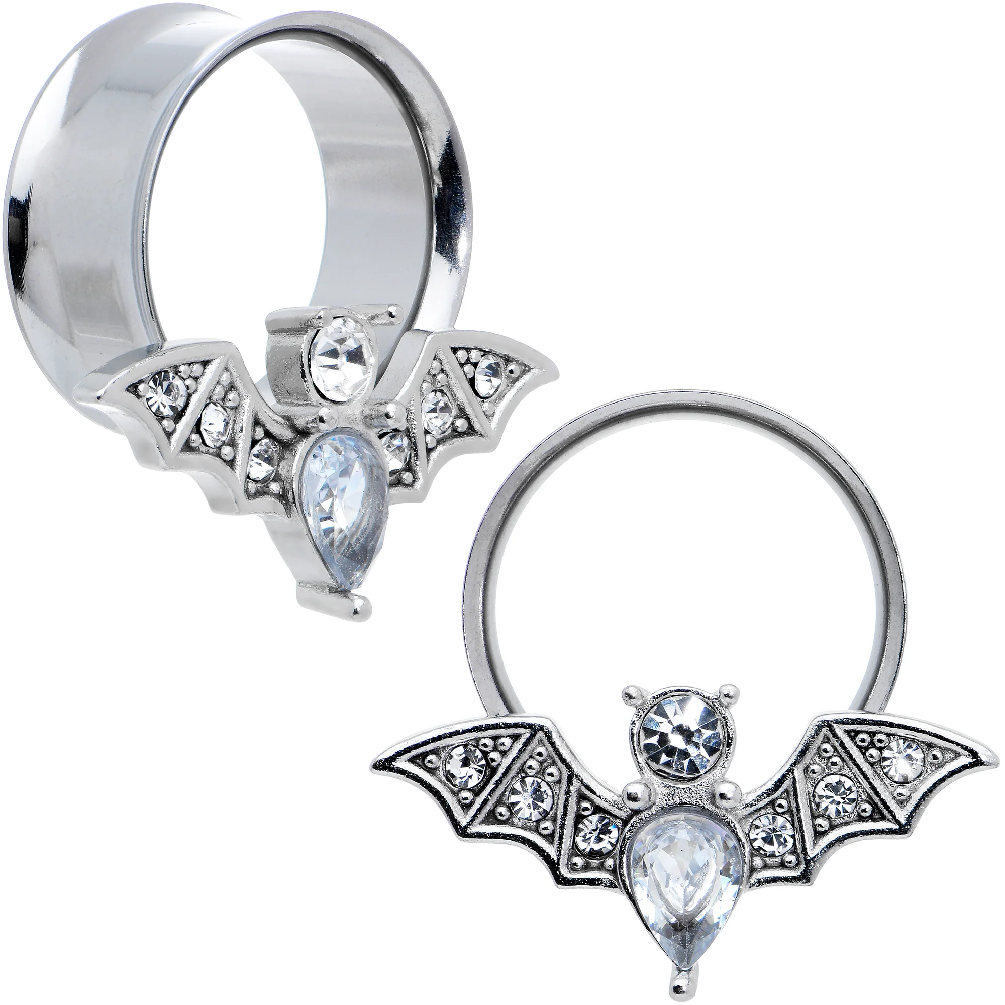 Clear Gem Bat Halloween Double Flare Tunnel Plug Set - Image 10