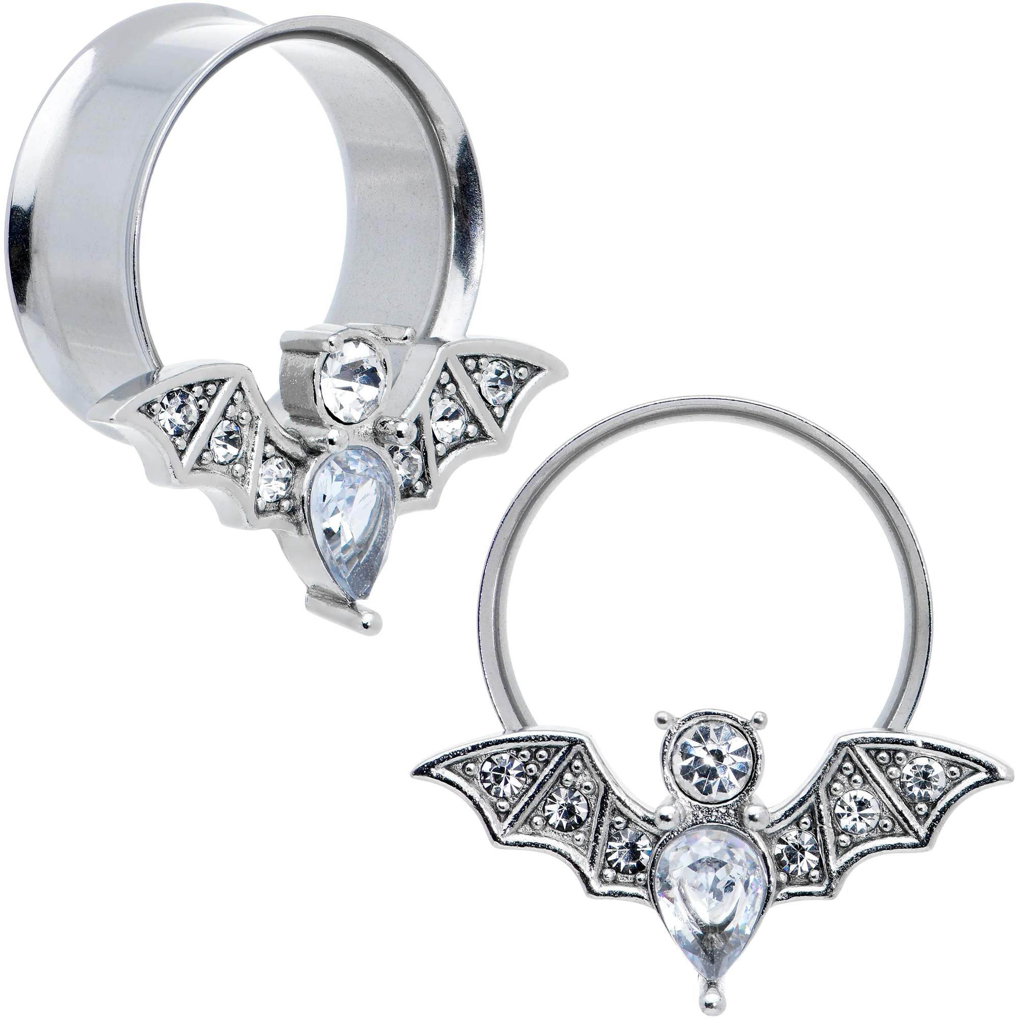 Clear Gem Bat Halloween Double Flare Tunnel Plug Set - Image 11