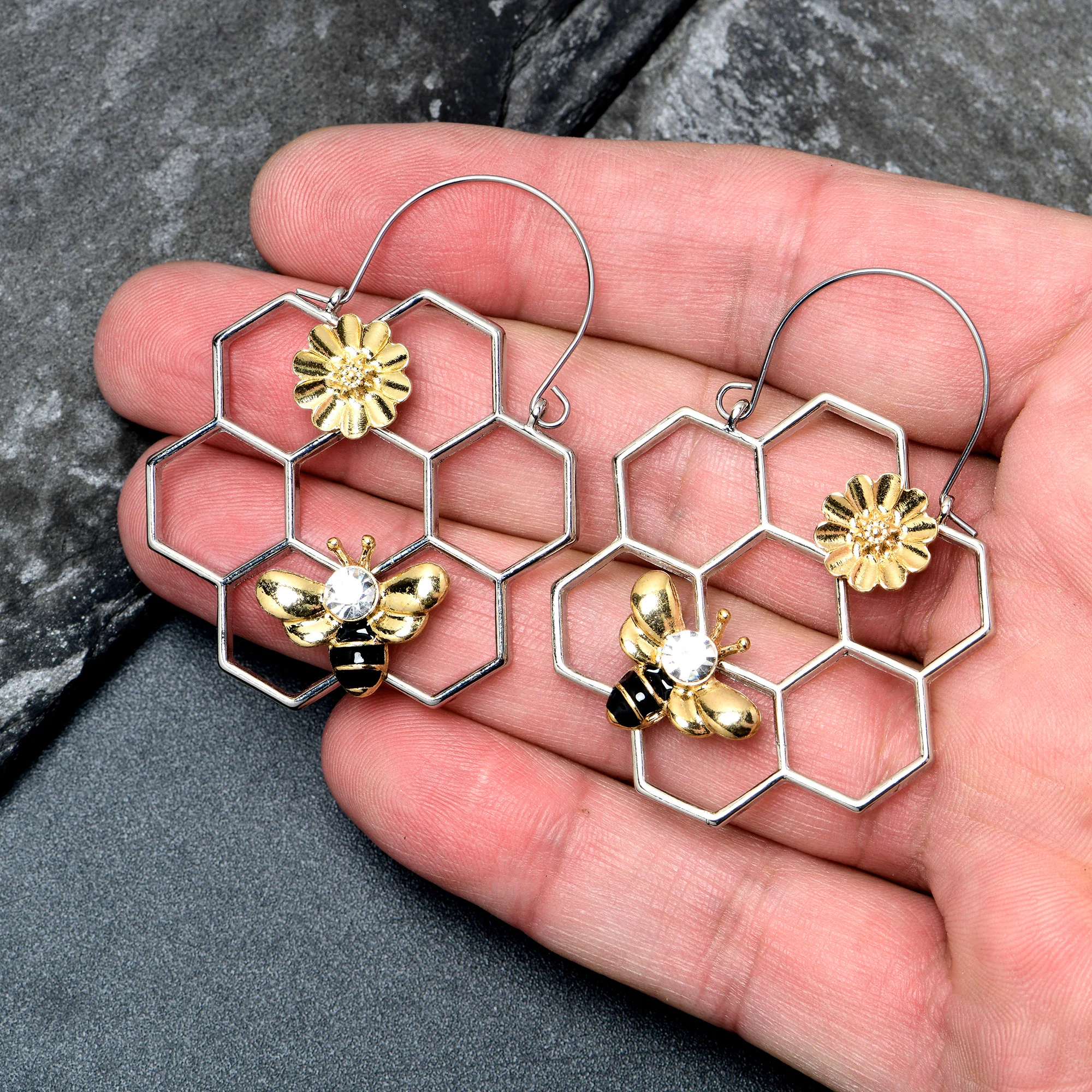 Clear Gem Bee Honeycomb Flower Tunnel Plug Earrings - Image 2