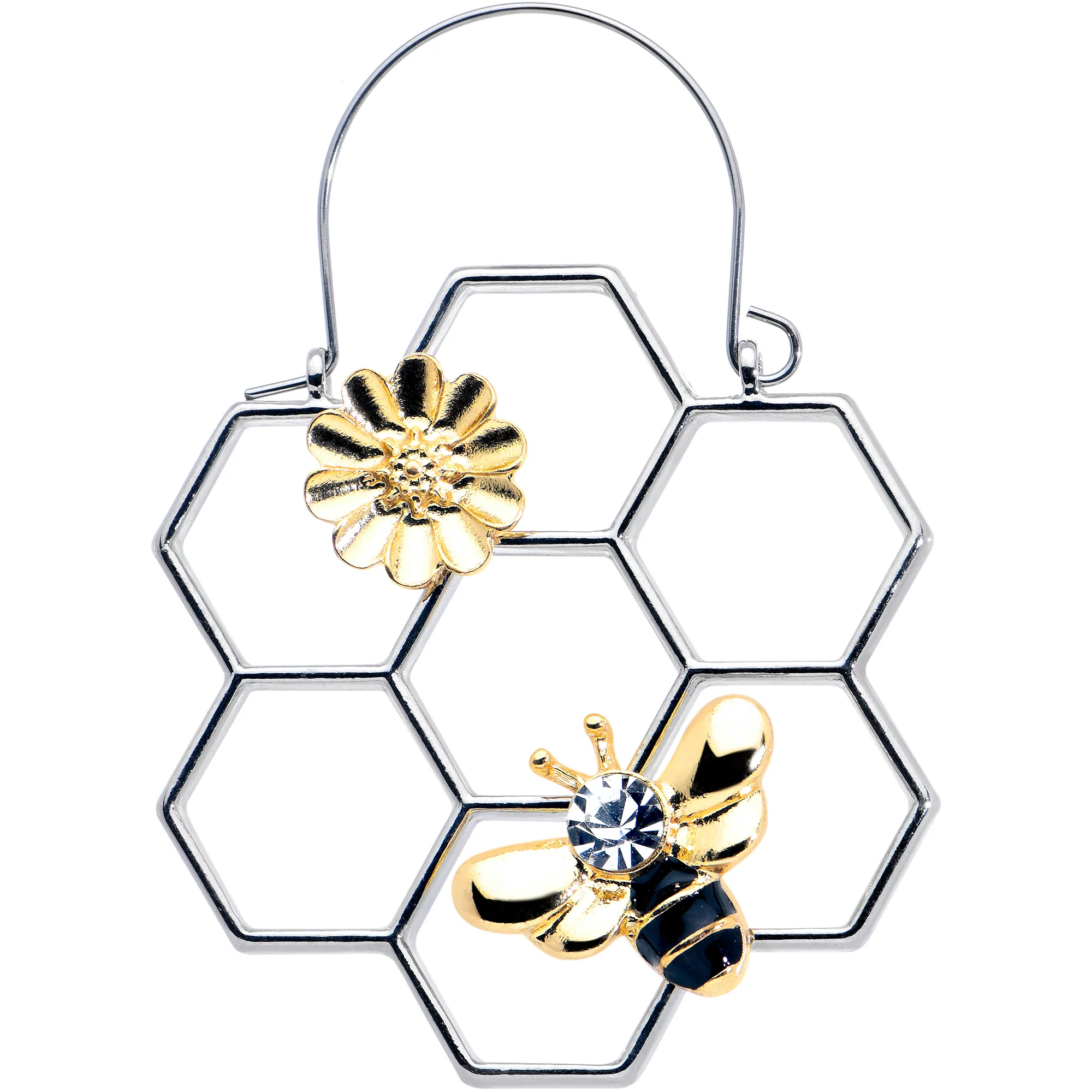 Clear Gem Bee Honeycomb Flower Tunnel Plug Earrings - Image 3
