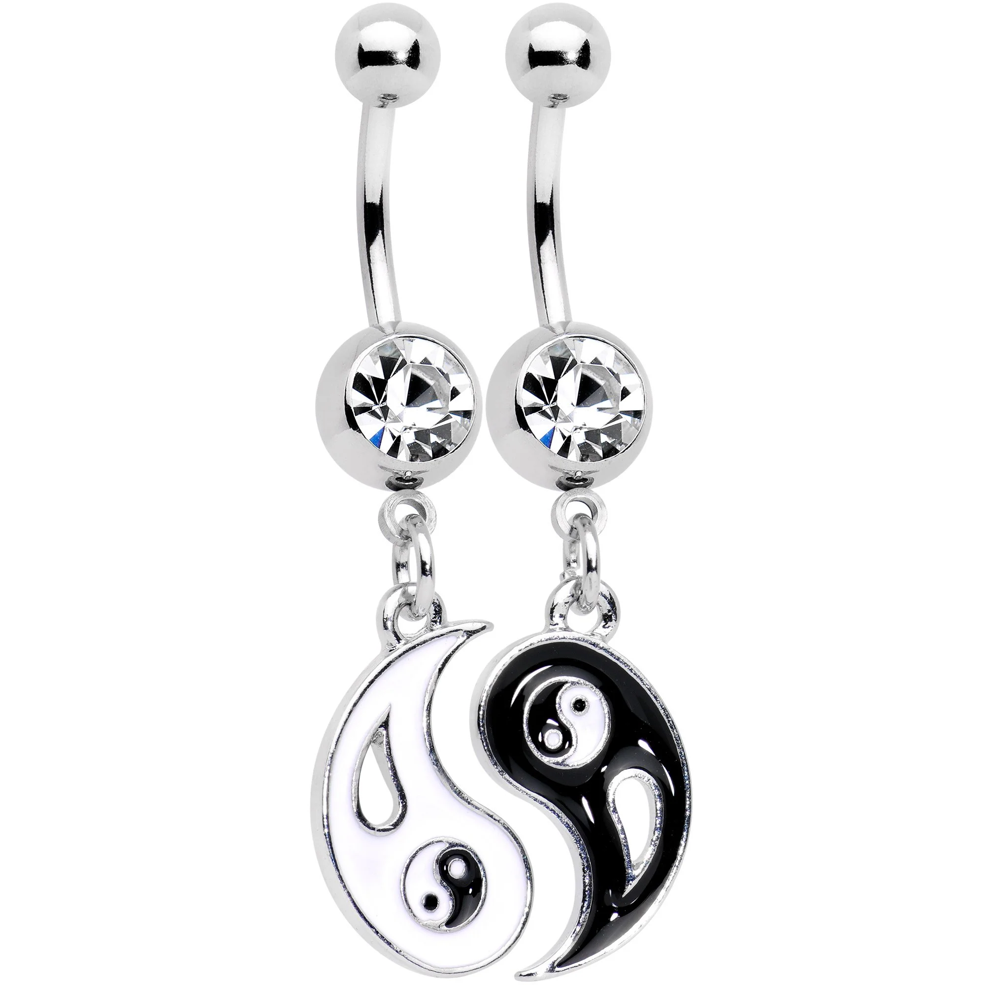 Clear Gem Best Friend Yin and Yang Dangle Belly Ring Set of 2 - Image 2