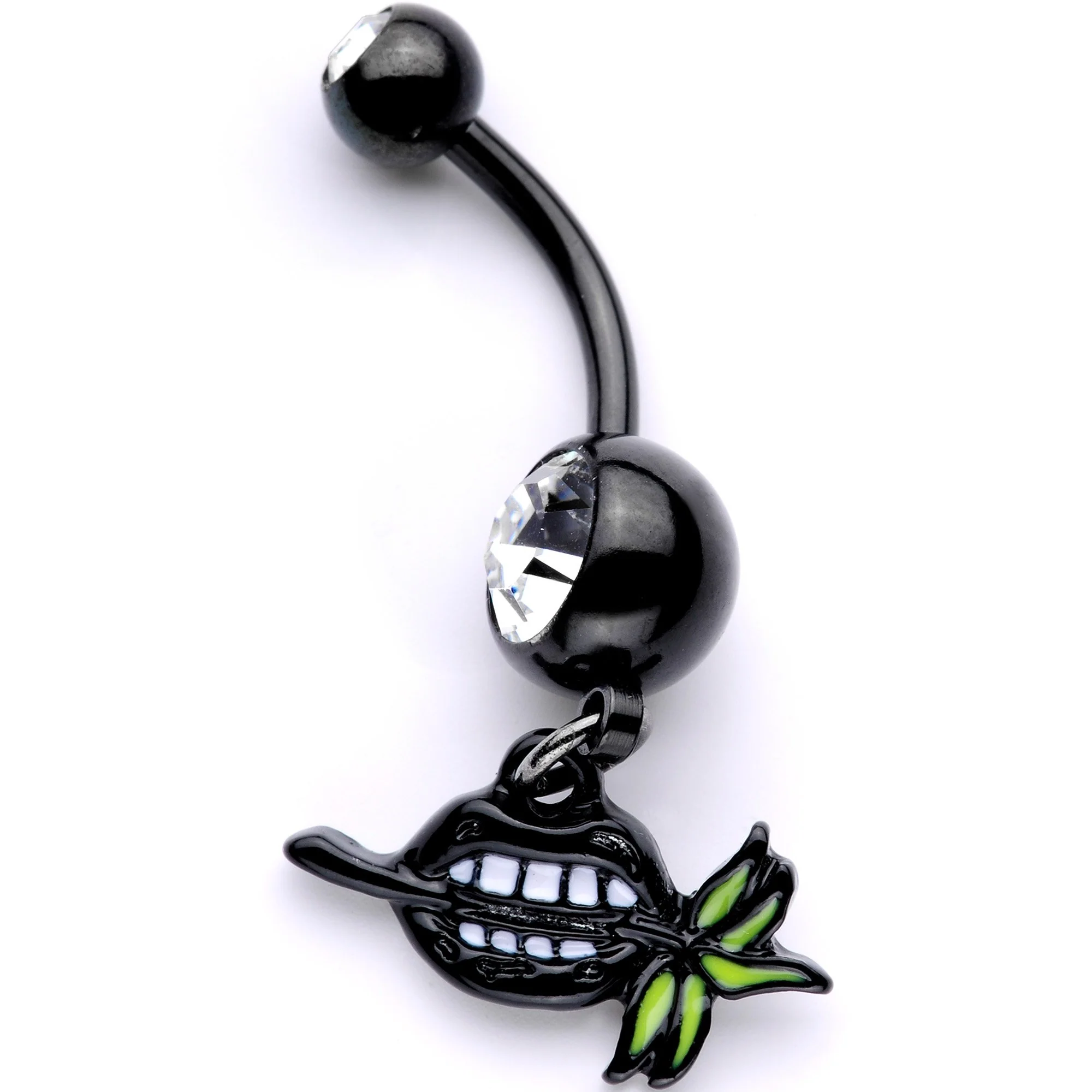 Clear Gem Black Anodized Black Lips of Death Dangle Belly Ring - Image 2