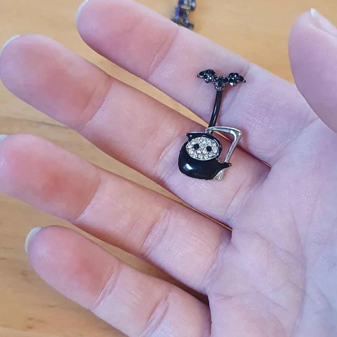 Clear Gem Black Bat Grim Reaper Halloween Double Mount Belly Ring - Image 2