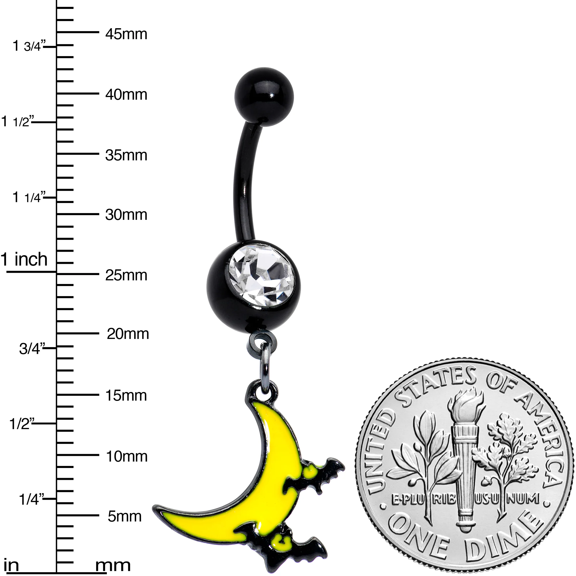 Clear Gem Black Batty Moon Halloween Dangle Belly Ring - Image 2