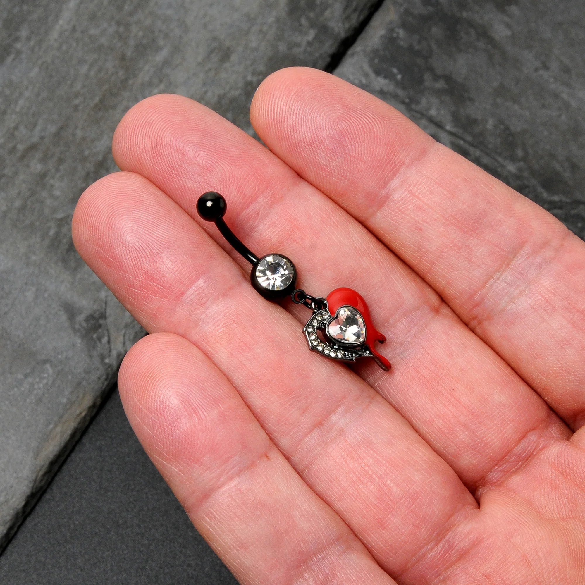 Clear Gem Black Bleeding Heart Dangle Belly Ring - Image 7