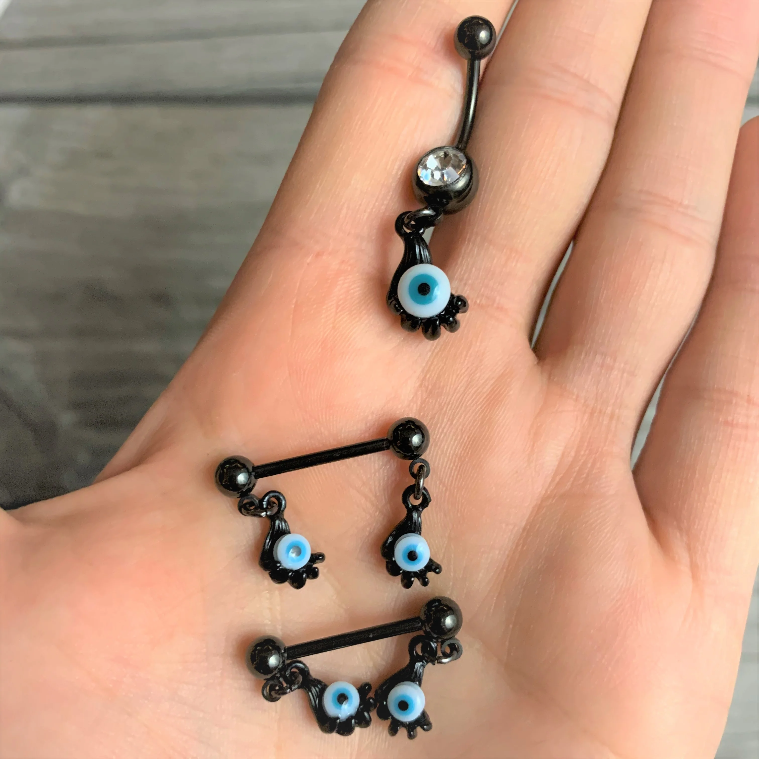 Clear Gem Black Blue Eyeball Hand Halloween Dangle Belly Ring - Image 2