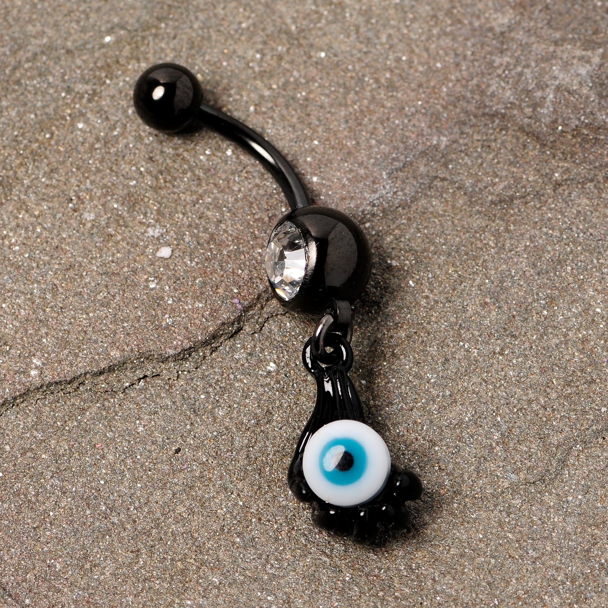 Clear Gem Black Blue Eyeball Hand Halloween Dangle Belly Ring - Image 3