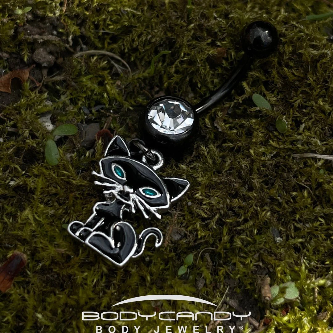 Clear Gem Black Blue Eyed Black Cat Dangle Belly Ring - Image 2