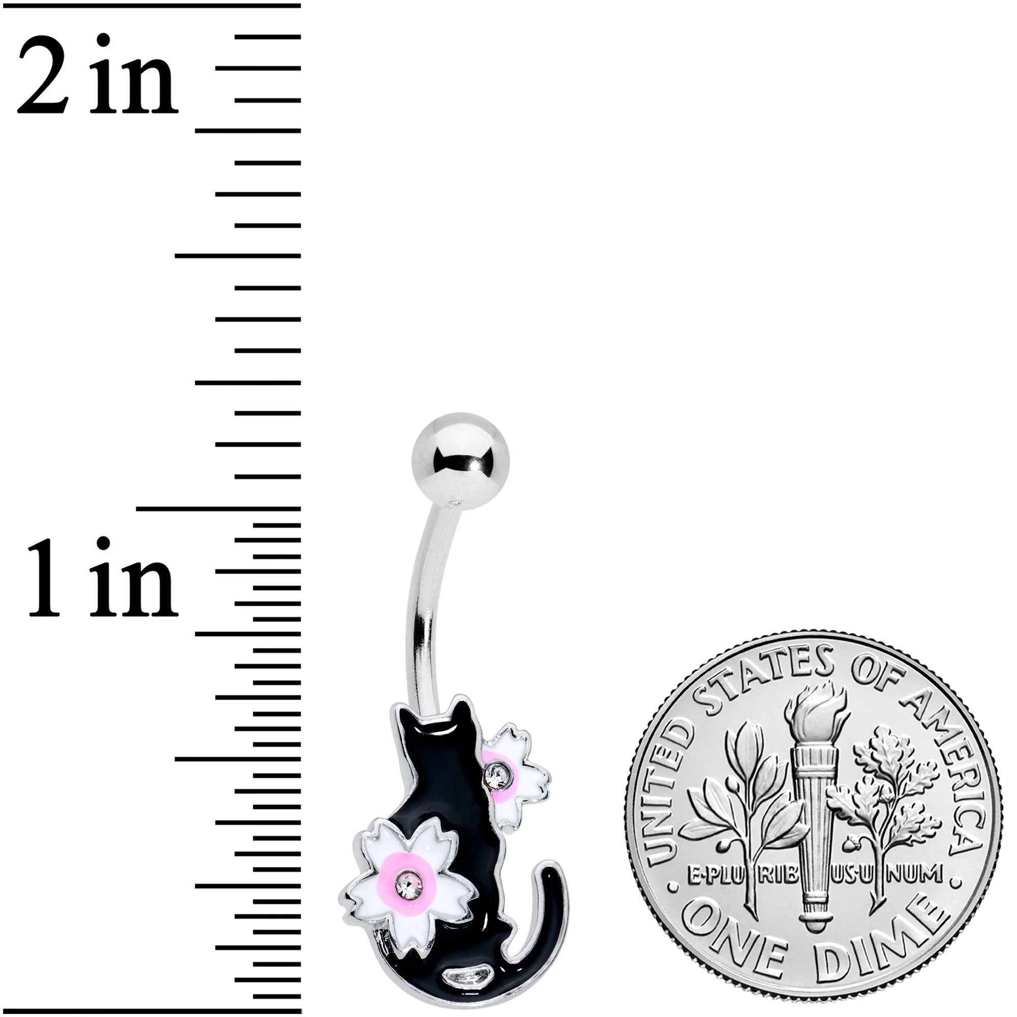Clear Gem Black Cat Pink Flowers Belly Ring - Image 2