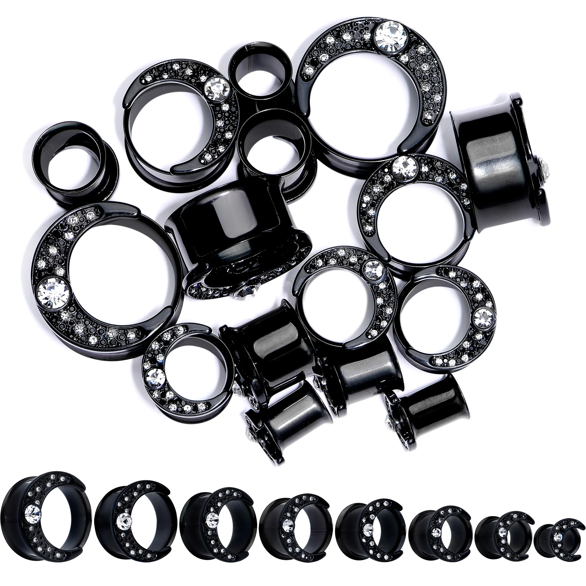 Clear Gem Black Crescent Moon Double Flare Tunnel Plug Set