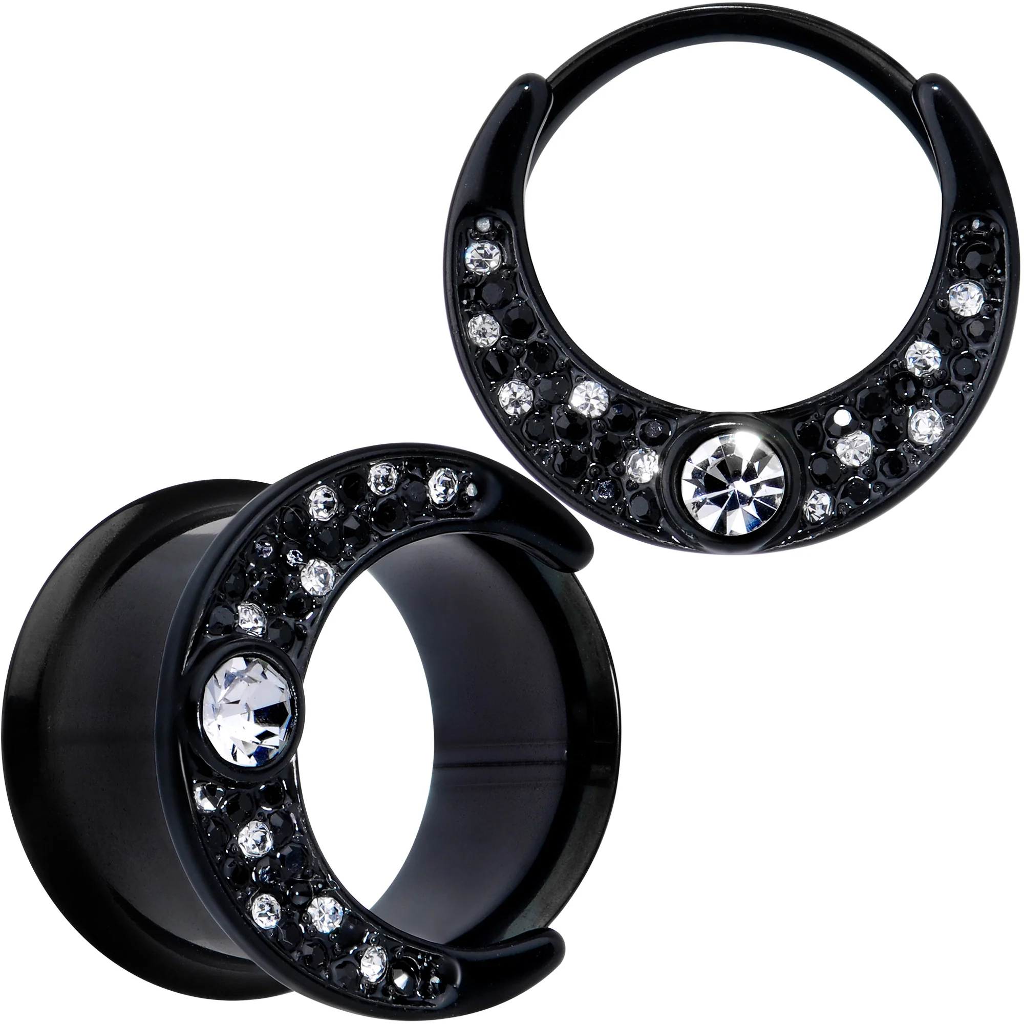 Clear Gem Black Crescent Moon Double Flare Tunnel Plug Set - Image 10