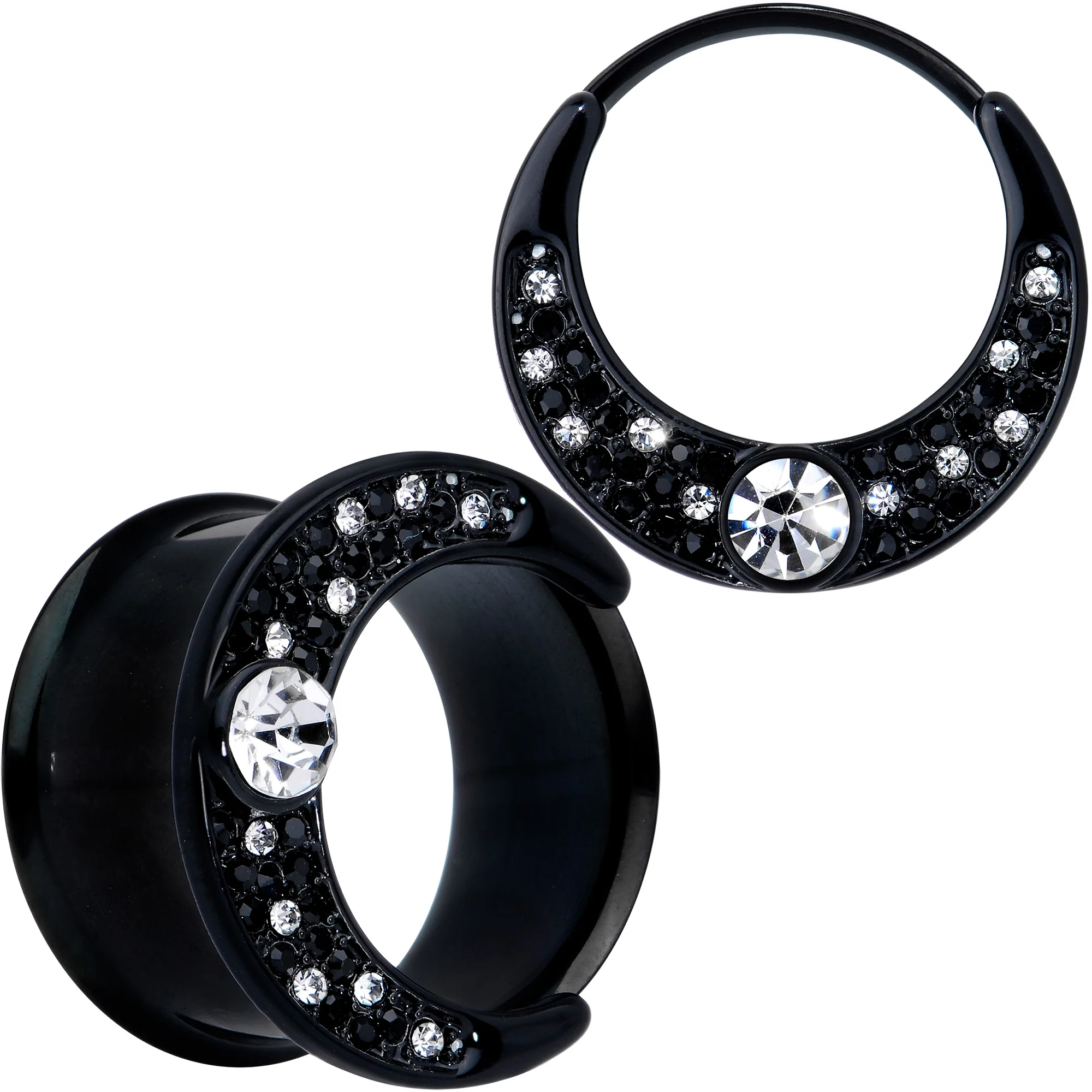 Clear Gem Black Crescent Moon Double Flare Tunnel Plug Set - Image 11