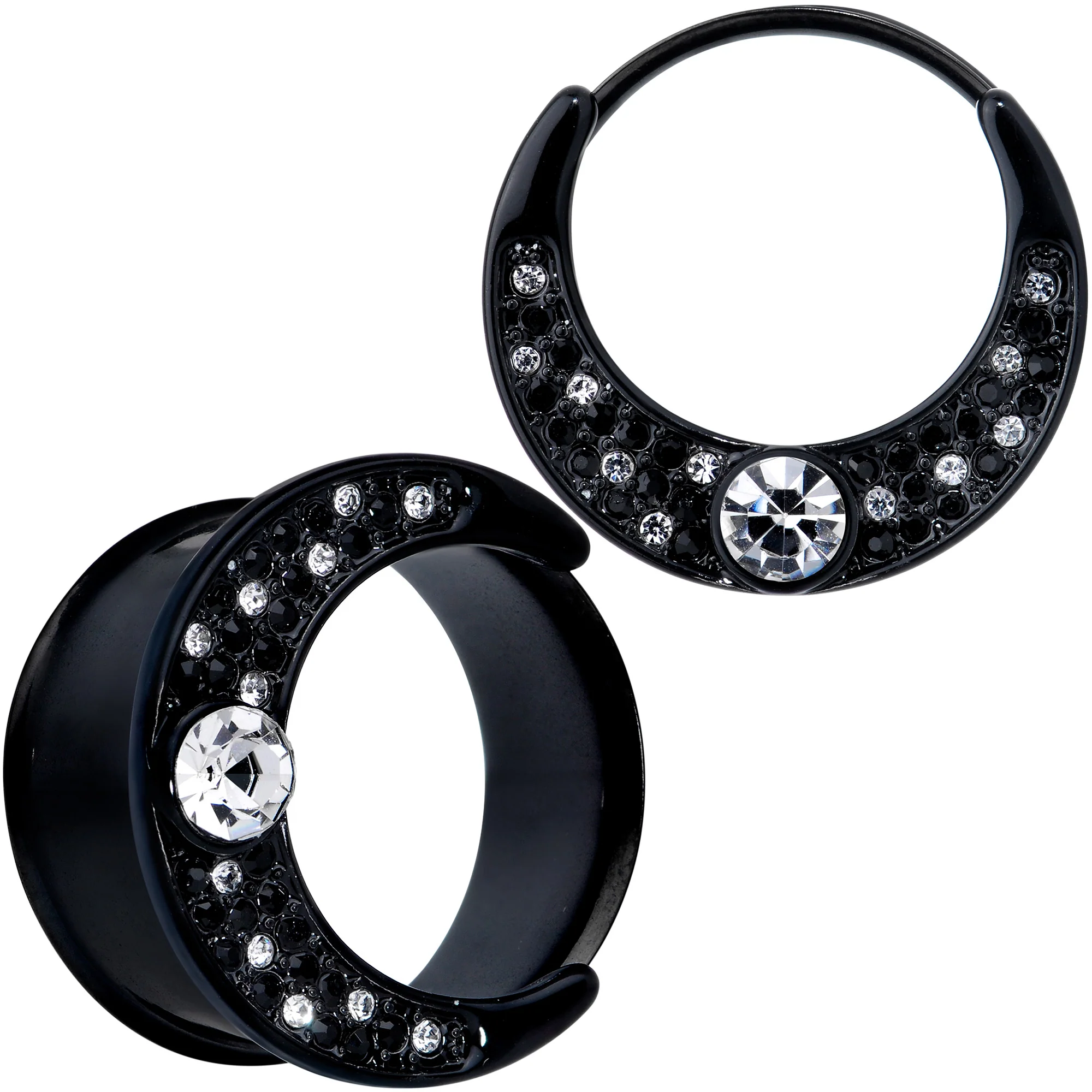 Clear Gem Black Crescent Moon Double Flare Tunnel Plug Set - Image 12