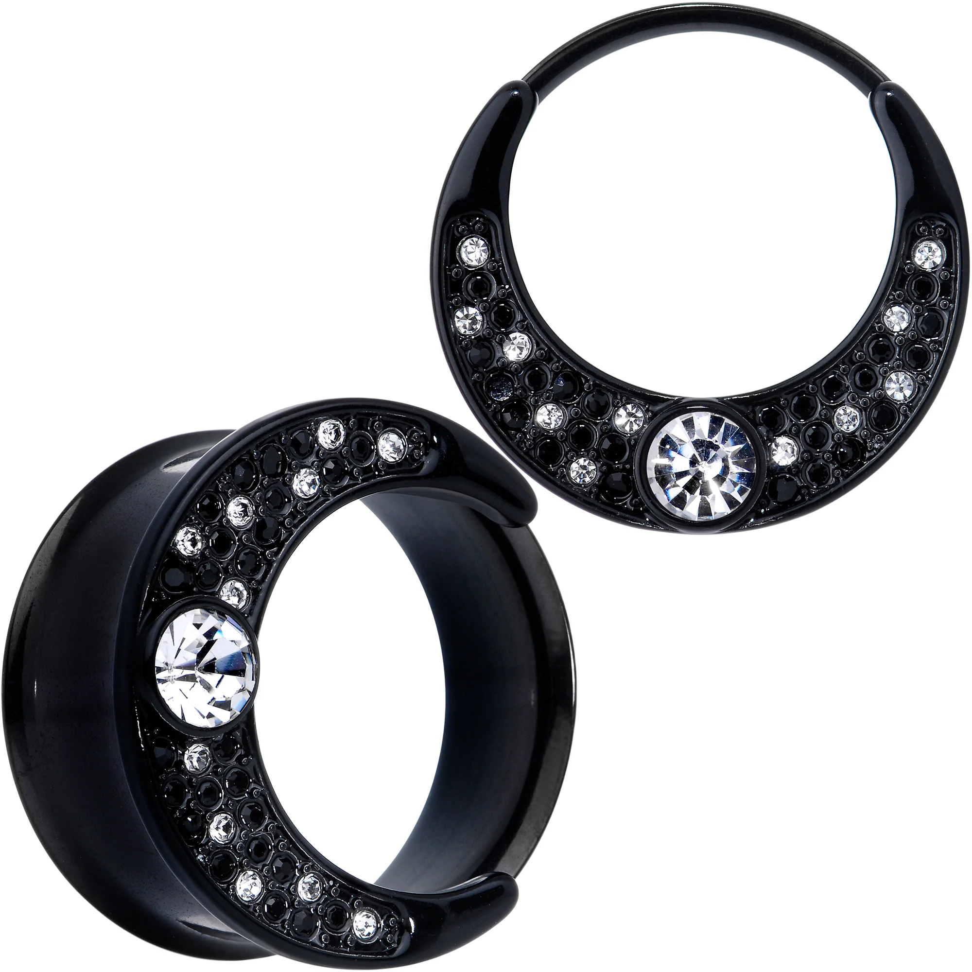 Clear Gem Black Crescent Moon Double Flare Tunnel Plug Set - Image 13