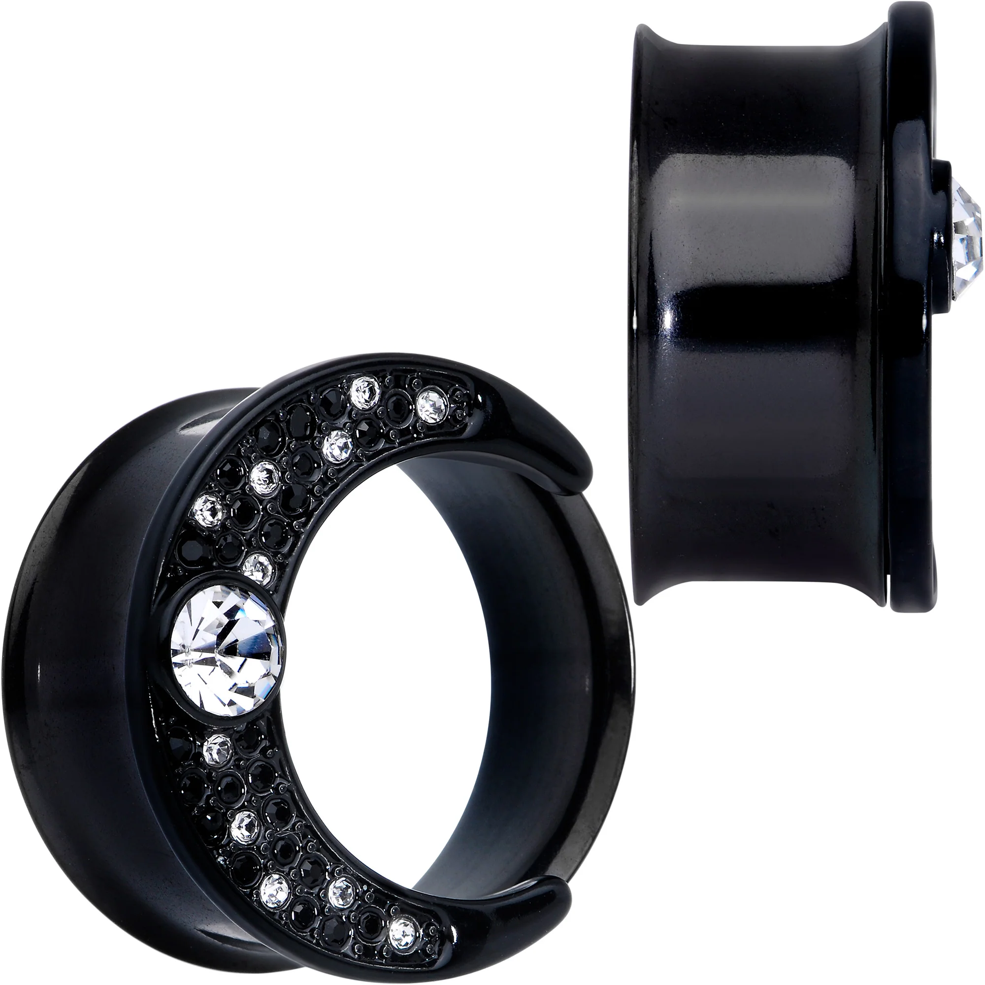 Clear Gem Black Crescent Moon Double Flare Tunnel Plug Set - Image 5