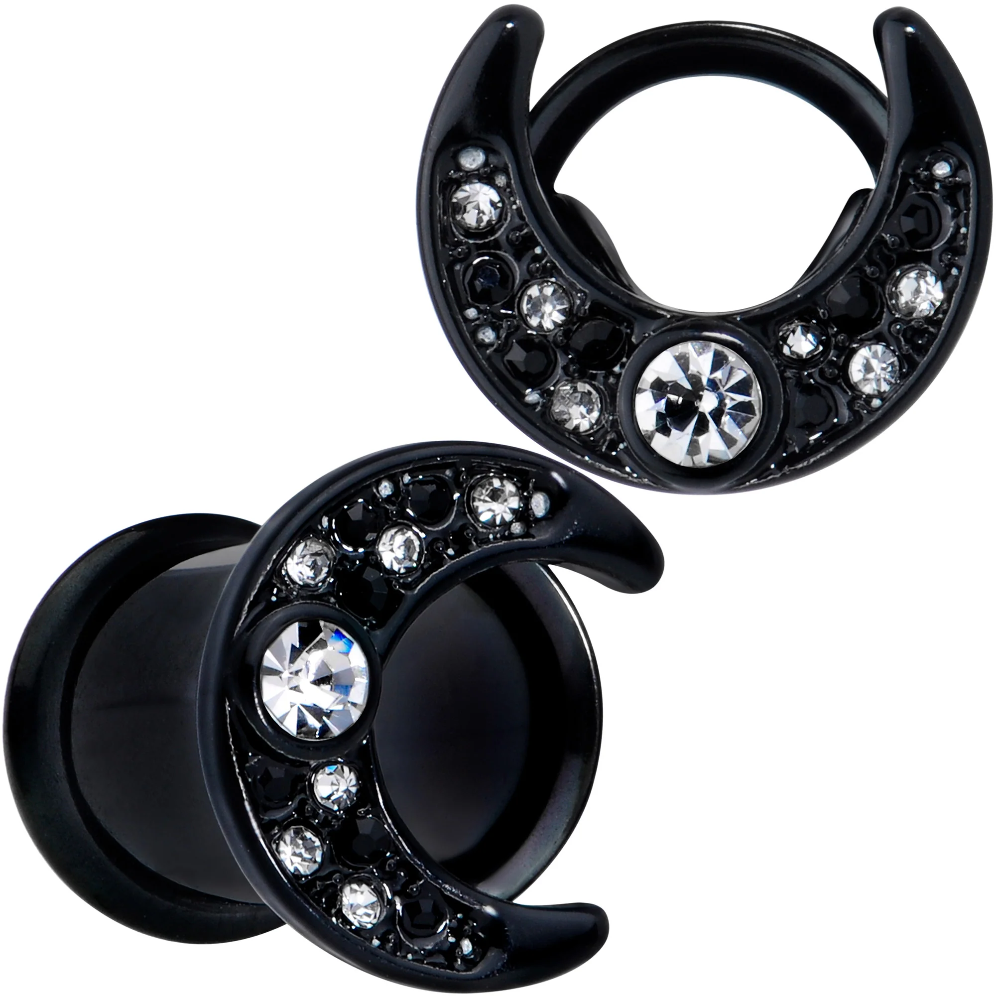 Clear Gem Black Crescent Moon Double Flare Tunnel Plug Set - Image 6