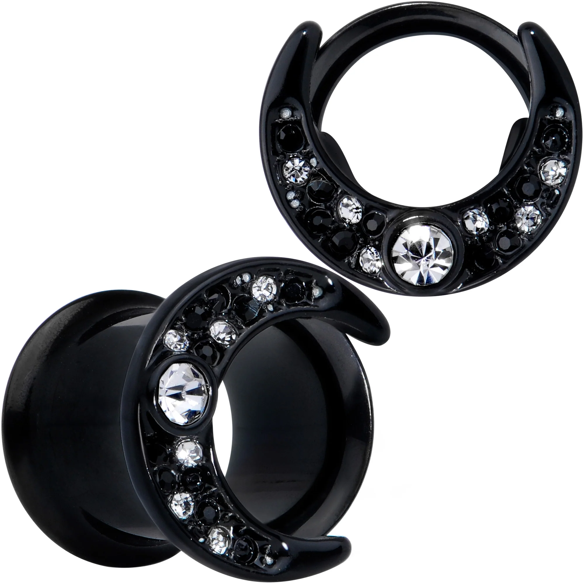 Clear Gem Black Crescent Moon Double Flare Tunnel Plug Set - Image 7