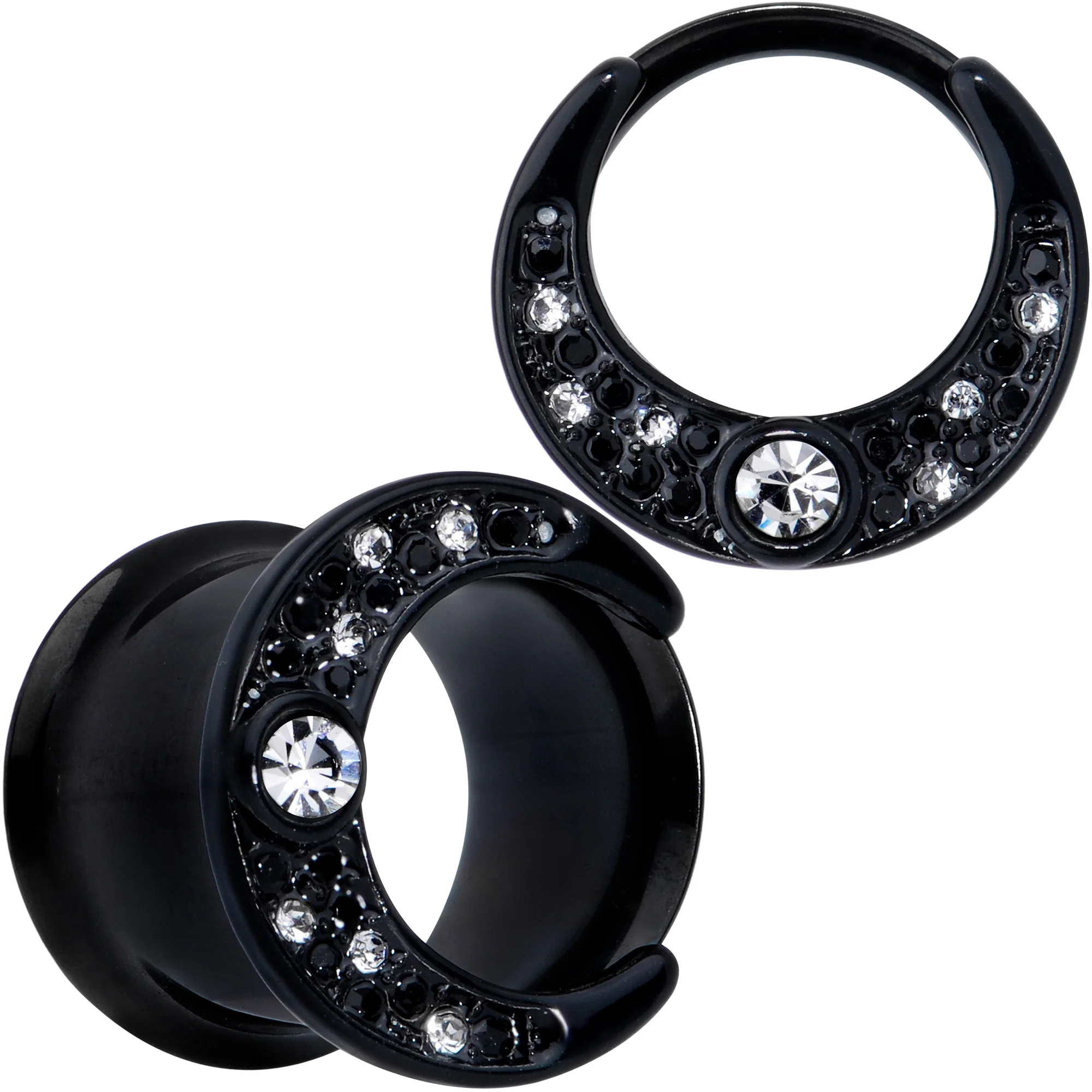 Clear Gem Black Crescent Moon Double Flare Tunnel Plug Set - Image 8