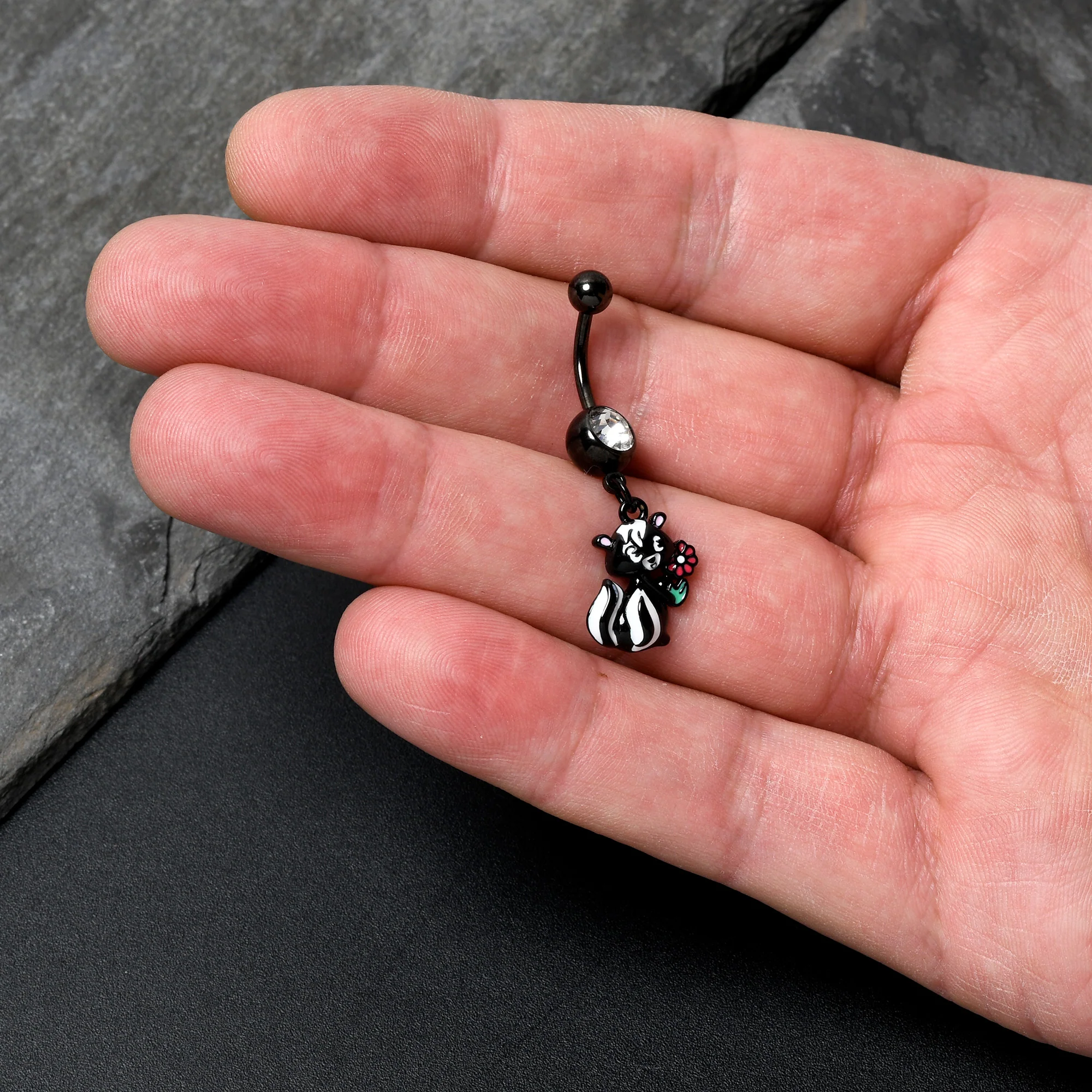 Clear Gem Black Funky Skunk Dangle Belly Ring - Image 2