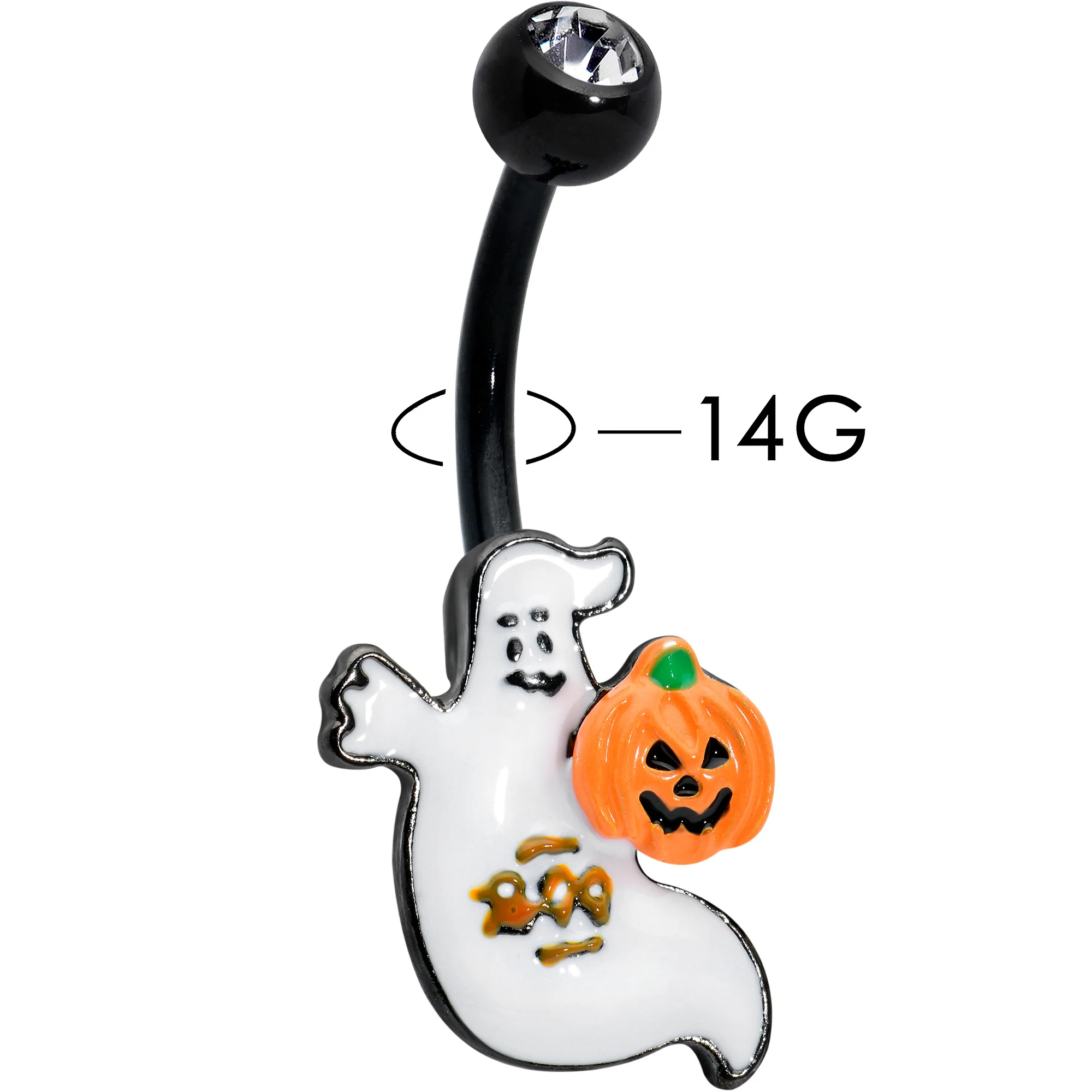 Clear Gem Black Ghost Pumpkin Boo Halloween Belly Ring - Image 2