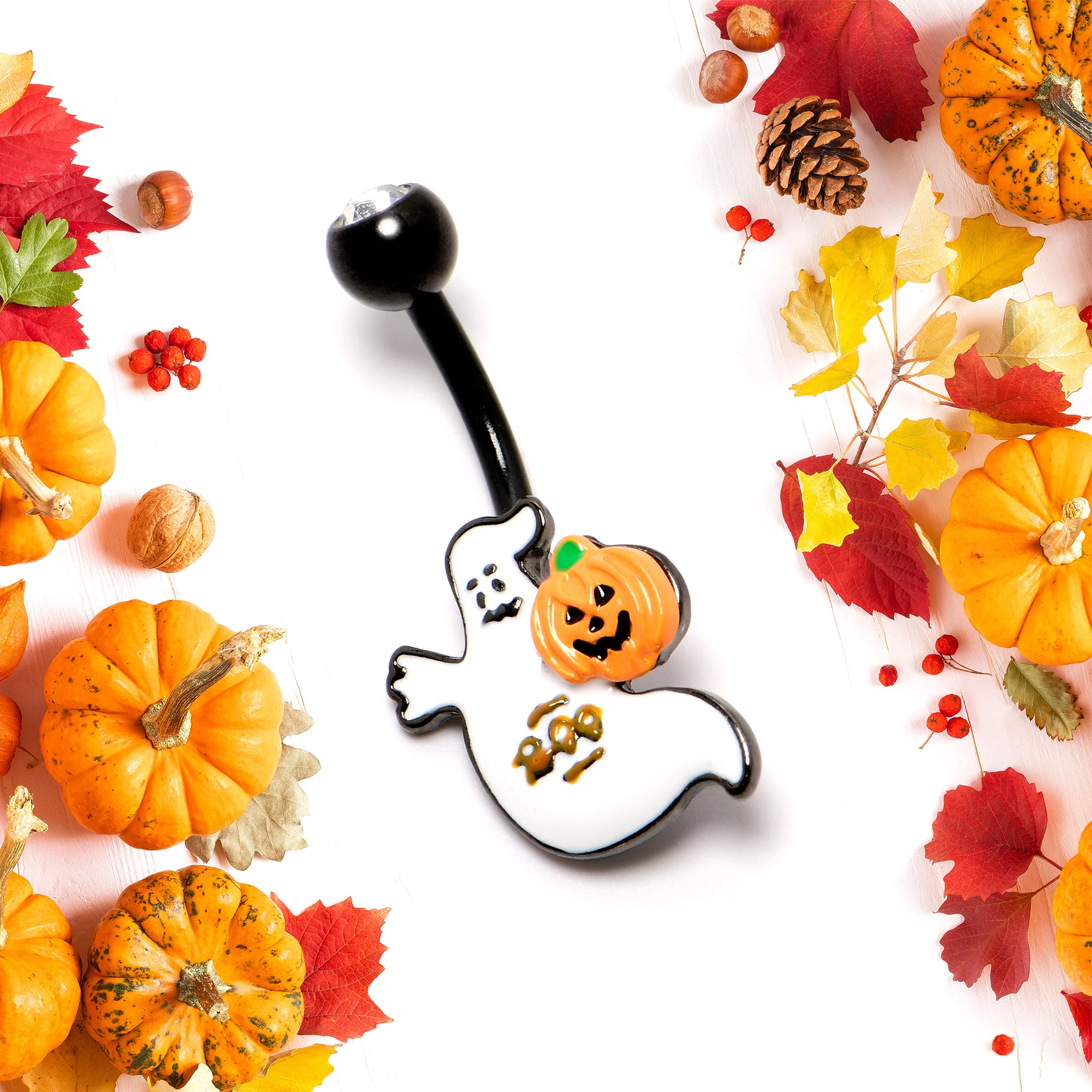 Clear Gem Black Ghost Pumpkin Boo Halloween Belly Ring - Image 4