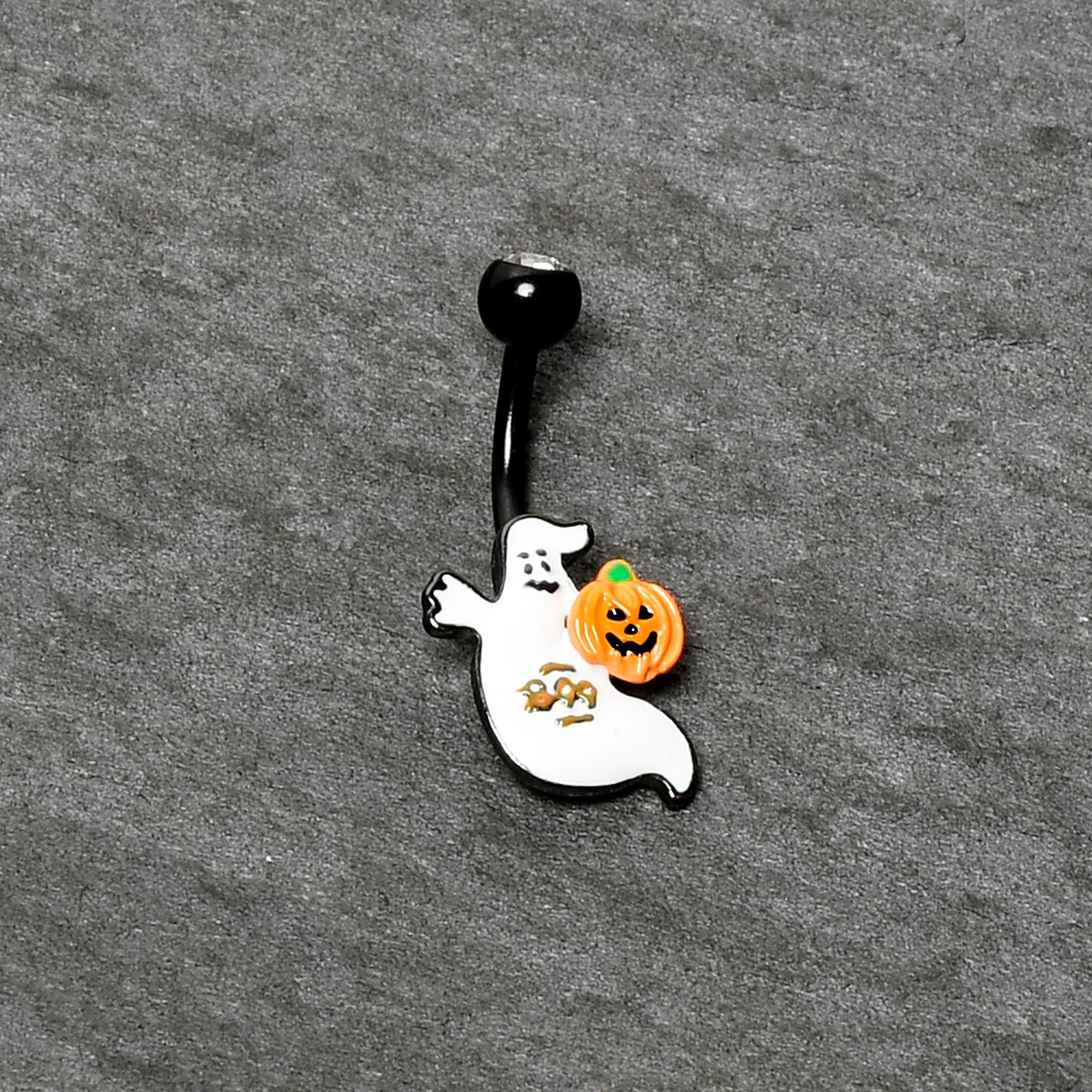 Clear Gem Black Ghost Pumpkin Boo Halloween Belly Ring - Image 5
