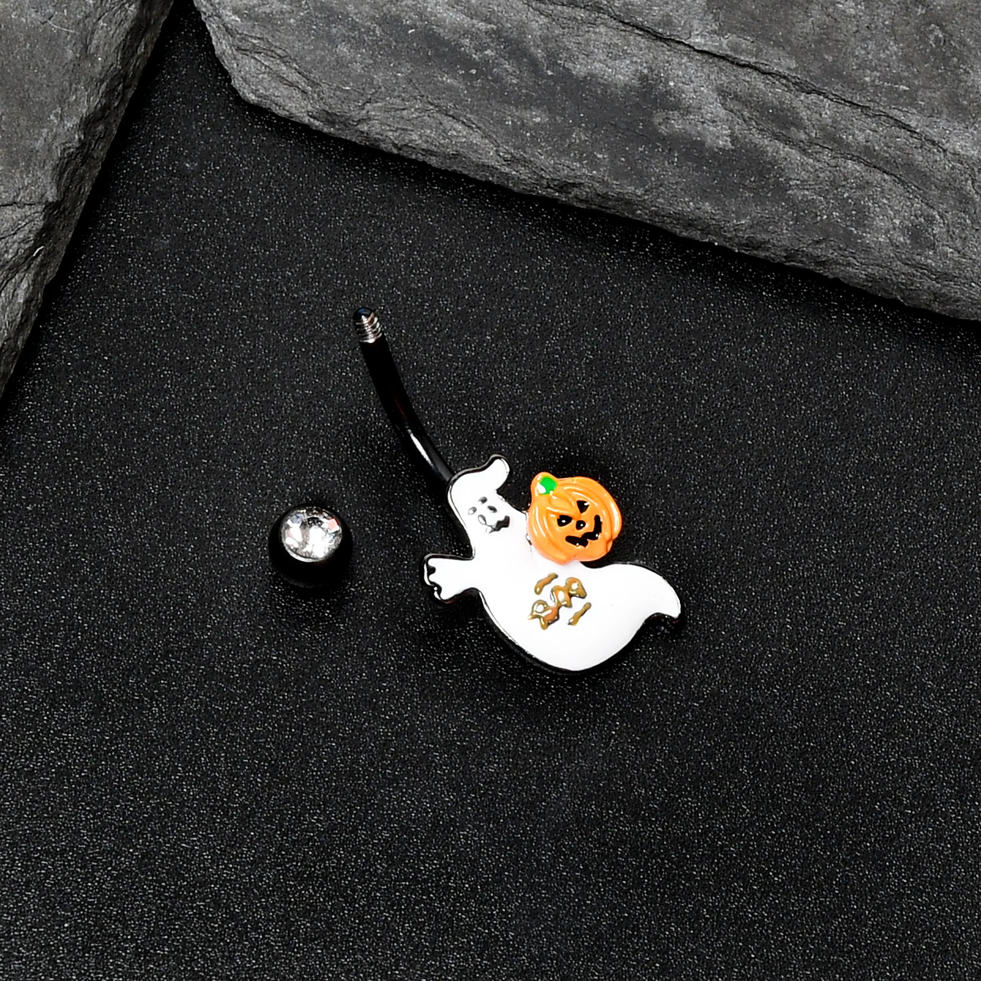 Clear Gem Black Ghost Pumpkin Boo Halloween Belly Ring - Image 6
