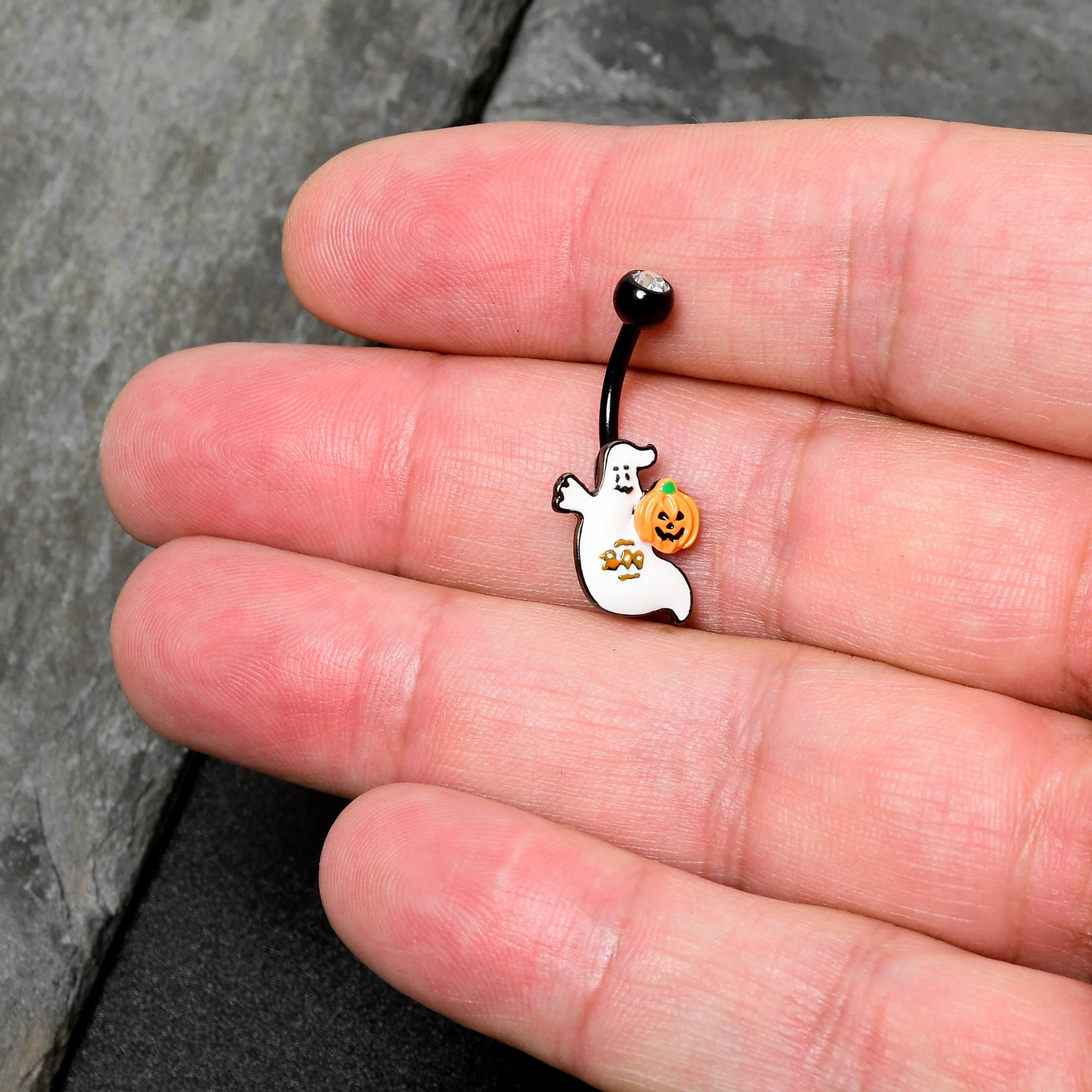 Clear Gem Black Ghost Pumpkin Boo Halloween Belly Ring - Image 7