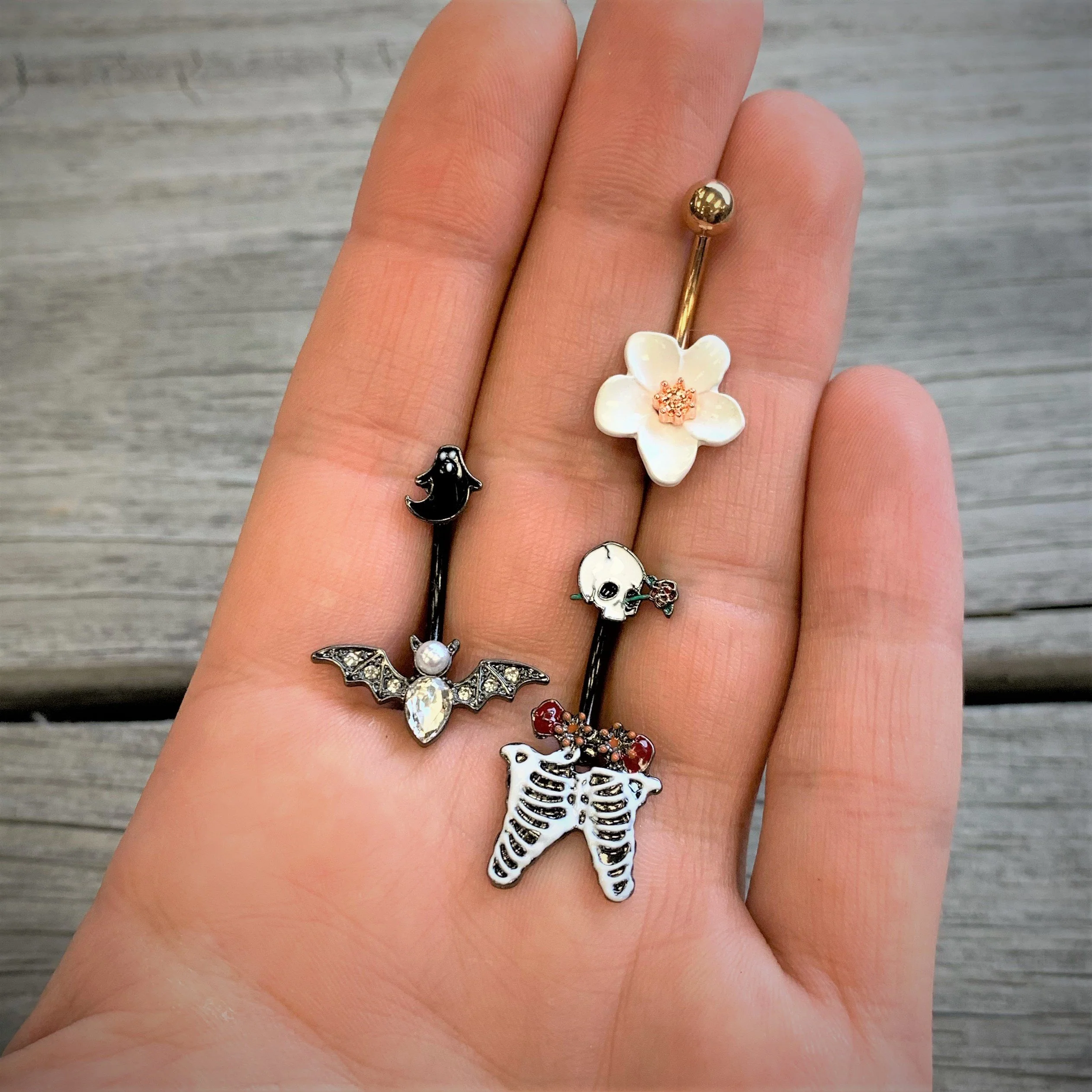 Clear Gem Black Ghost Vampire Bat Halloween Double Mount Belly Ring - Image 2