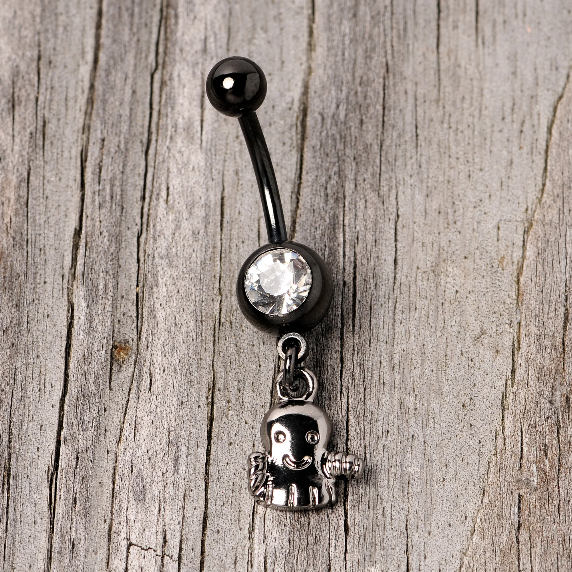 Clear Gem Black Happy Ghost Halloween Dangle Belly Ring - Image 3