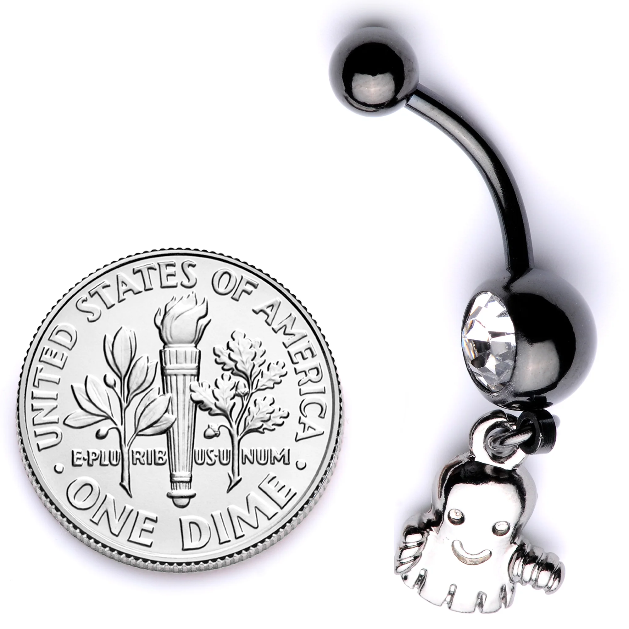 Clear Gem Black Happy Ghost Halloween Dangle Belly Ring - Image 4