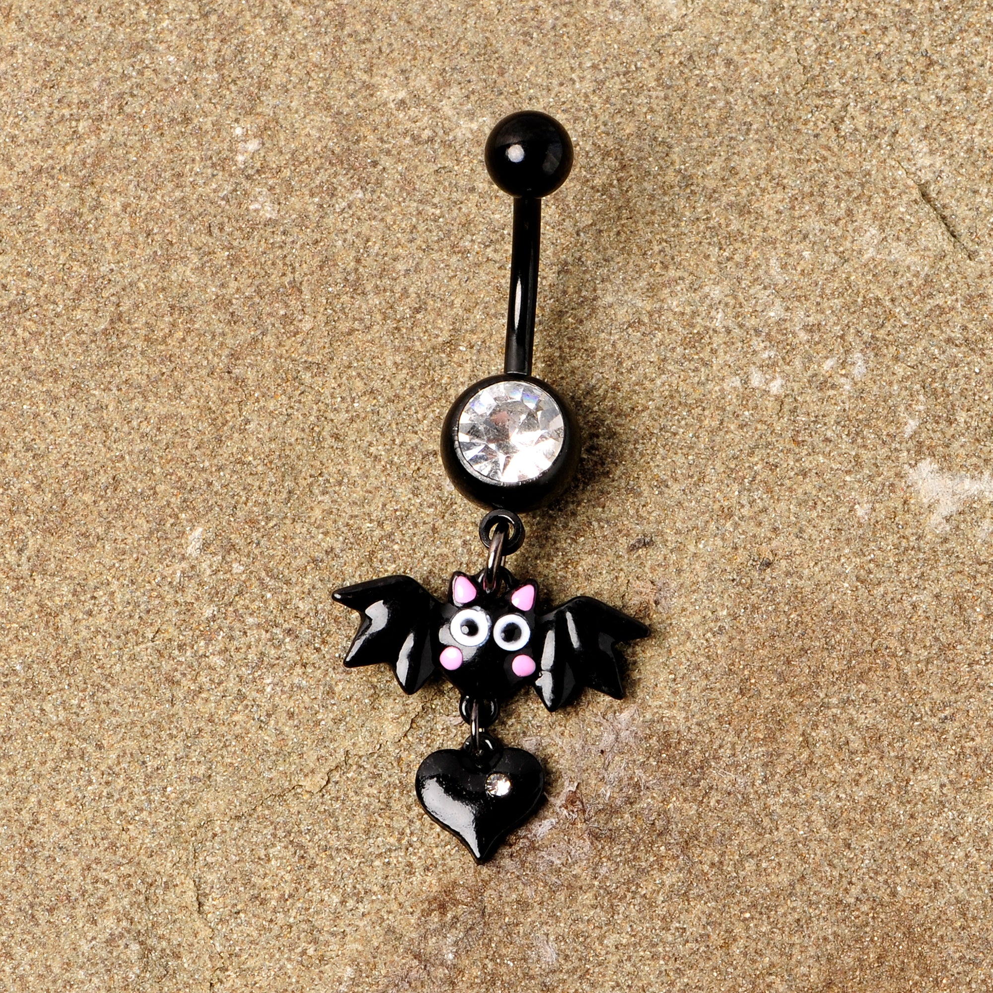 Clear Gem Black Heart Vampire Bat Halloween Dangle Belly Ring - Image 5