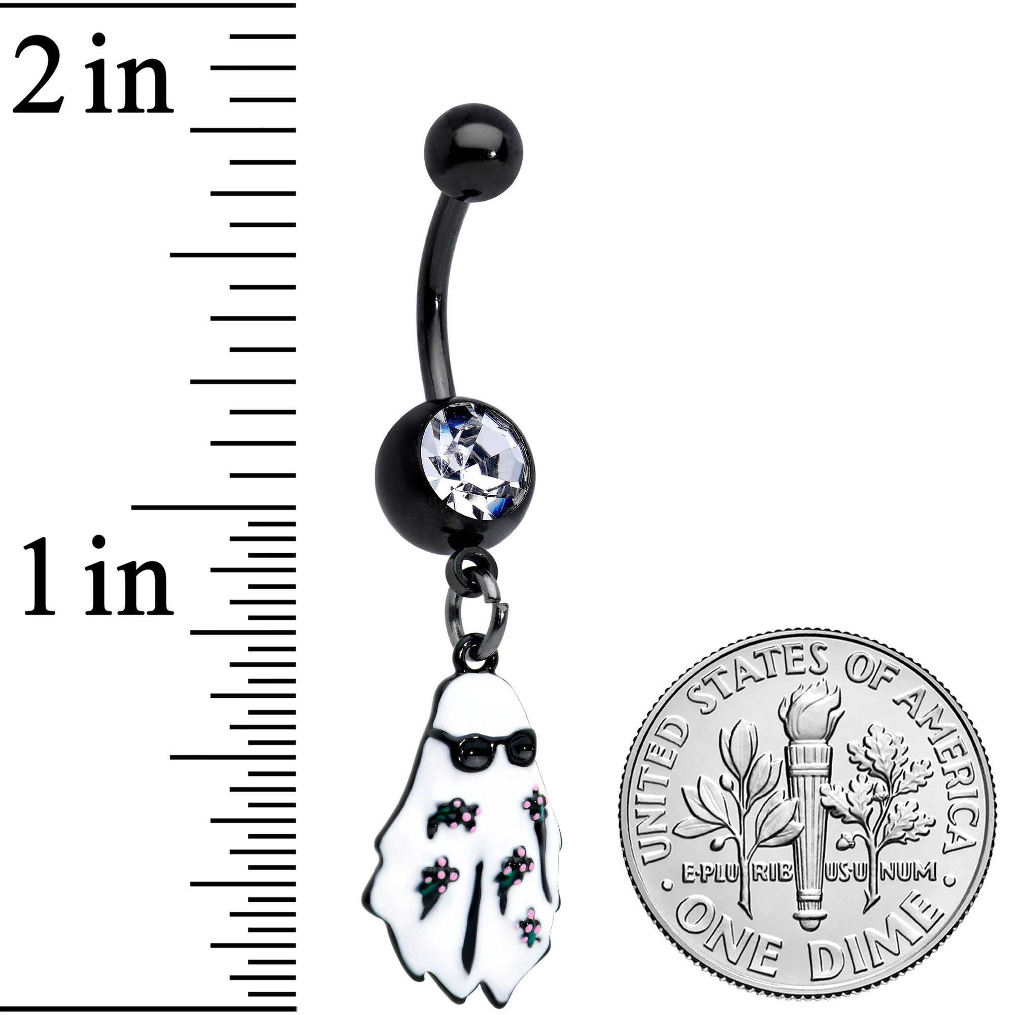 Clear Gem Black Hipster Ghost Halloween Dangle Belly Ring - Image 2