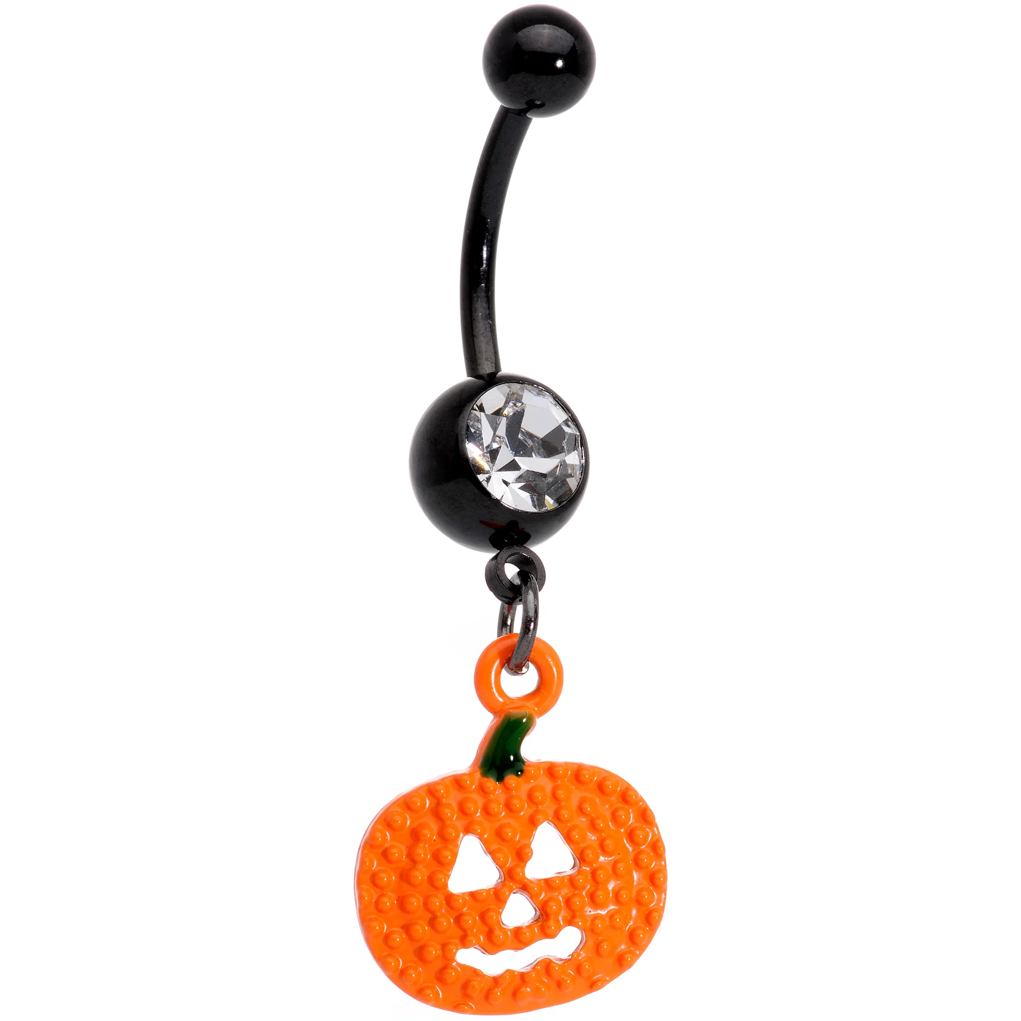 Clear Gem Black Orange Pumpkin Halloween Dangle Belly Ring - Image 2