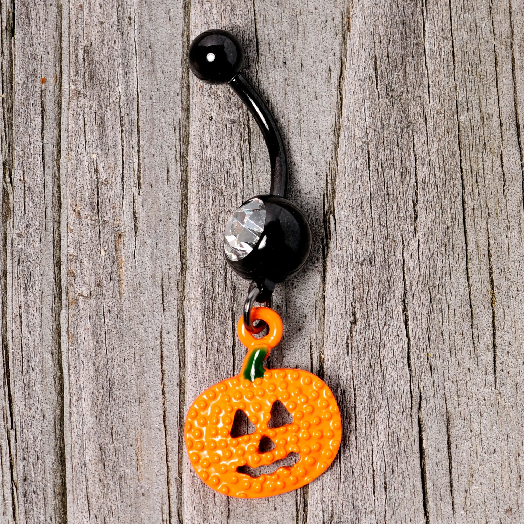 Clear Gem Black Orange Pumpkin Halloween Dangle Belly Ring - Image 4