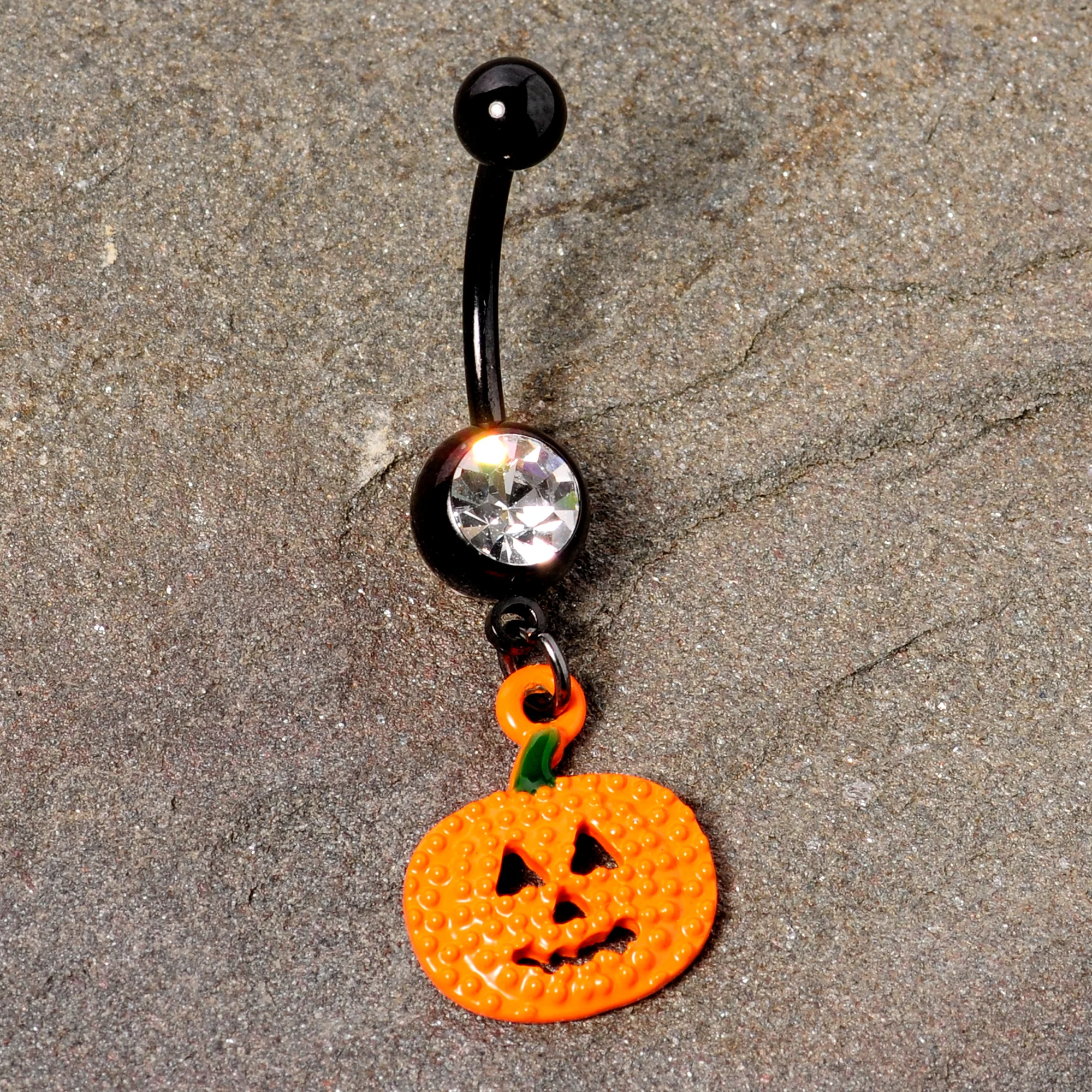 Clear Gem Black Orange Pumpkin Halloween Dangle Belly Ring - Image 5