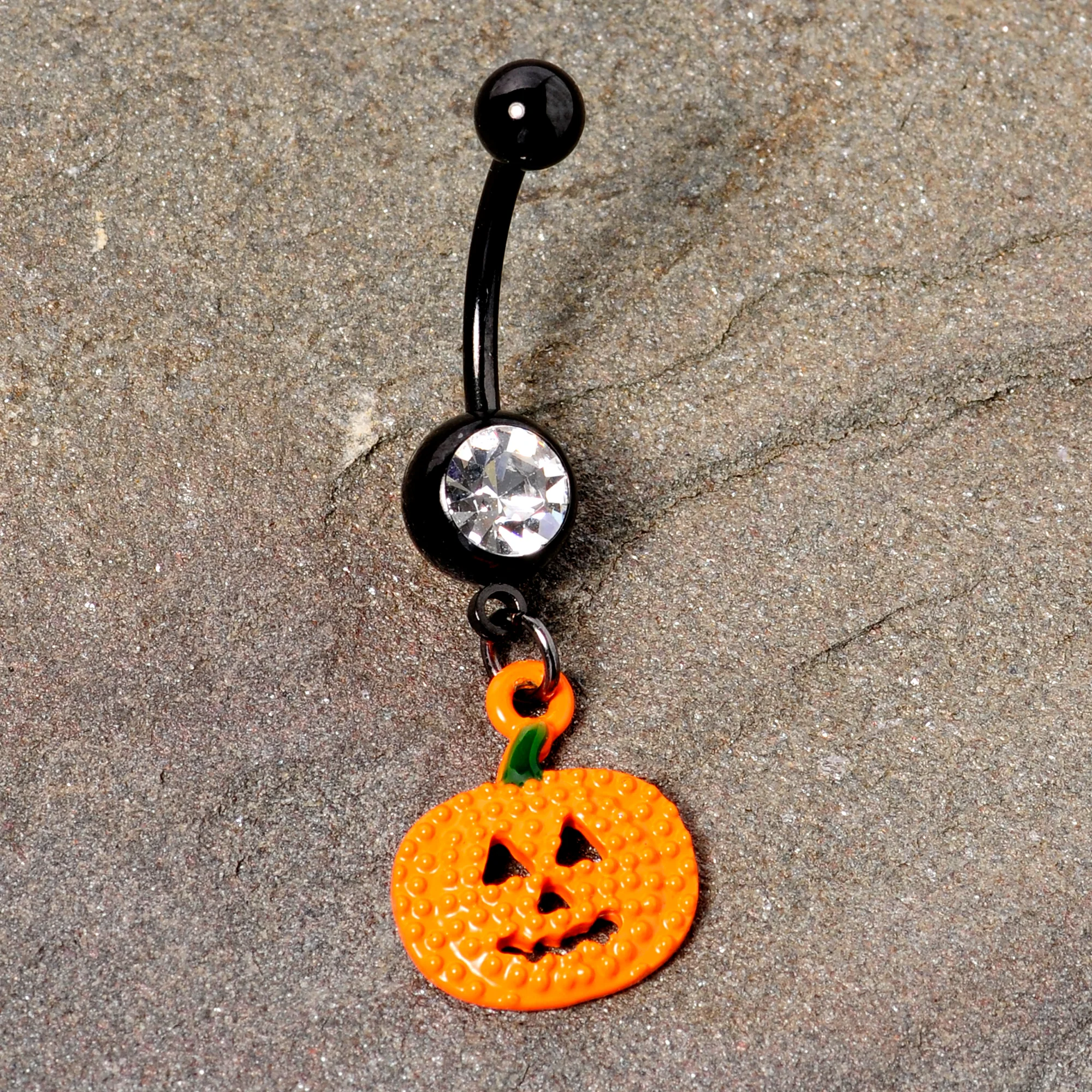 Clear Gem Black Orange Pumpkin Halloween Dangle Belly Ring - Image 6