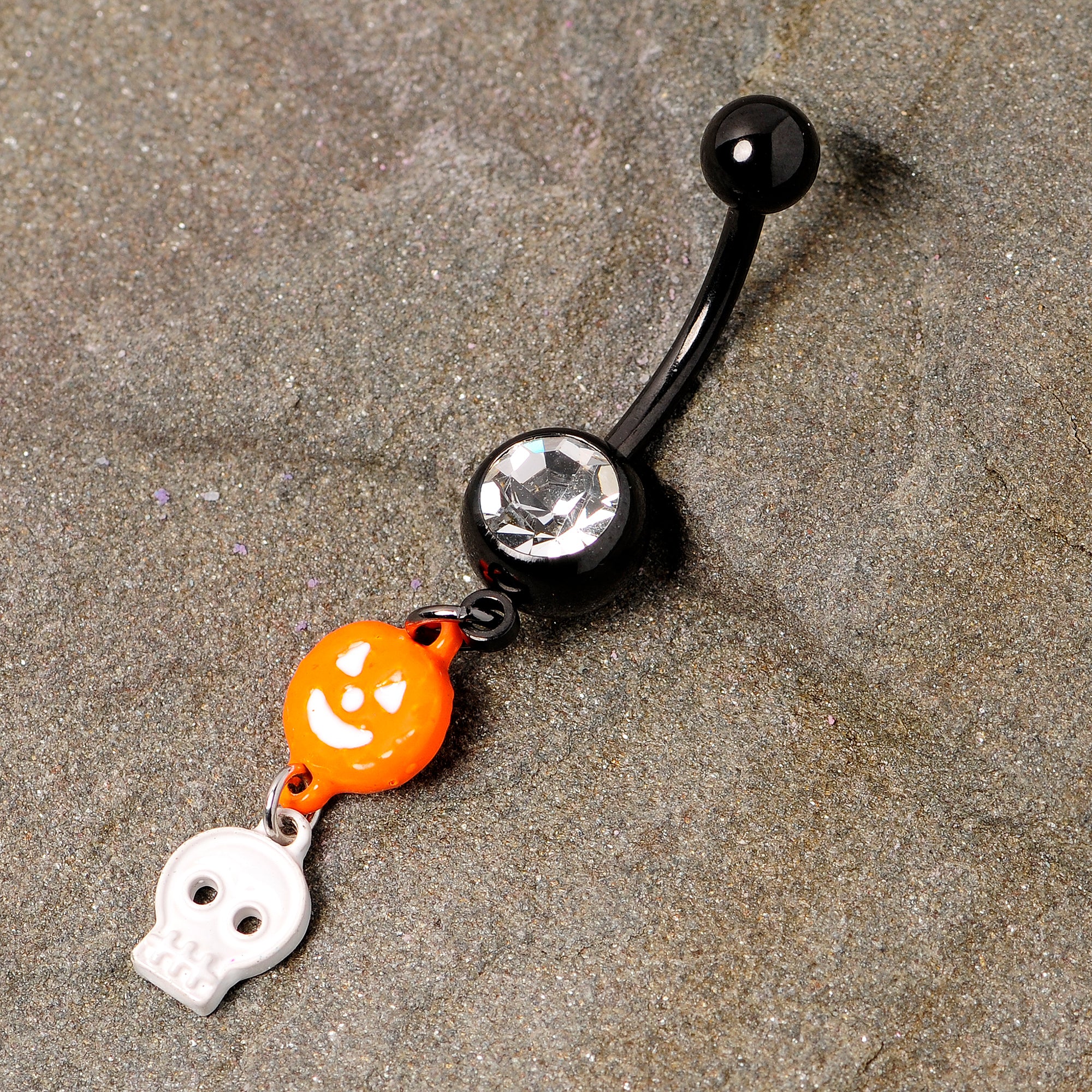 Clear Gem Black Orange Pumpkin Skull Halloween Dangle Belly Ring - Image 2