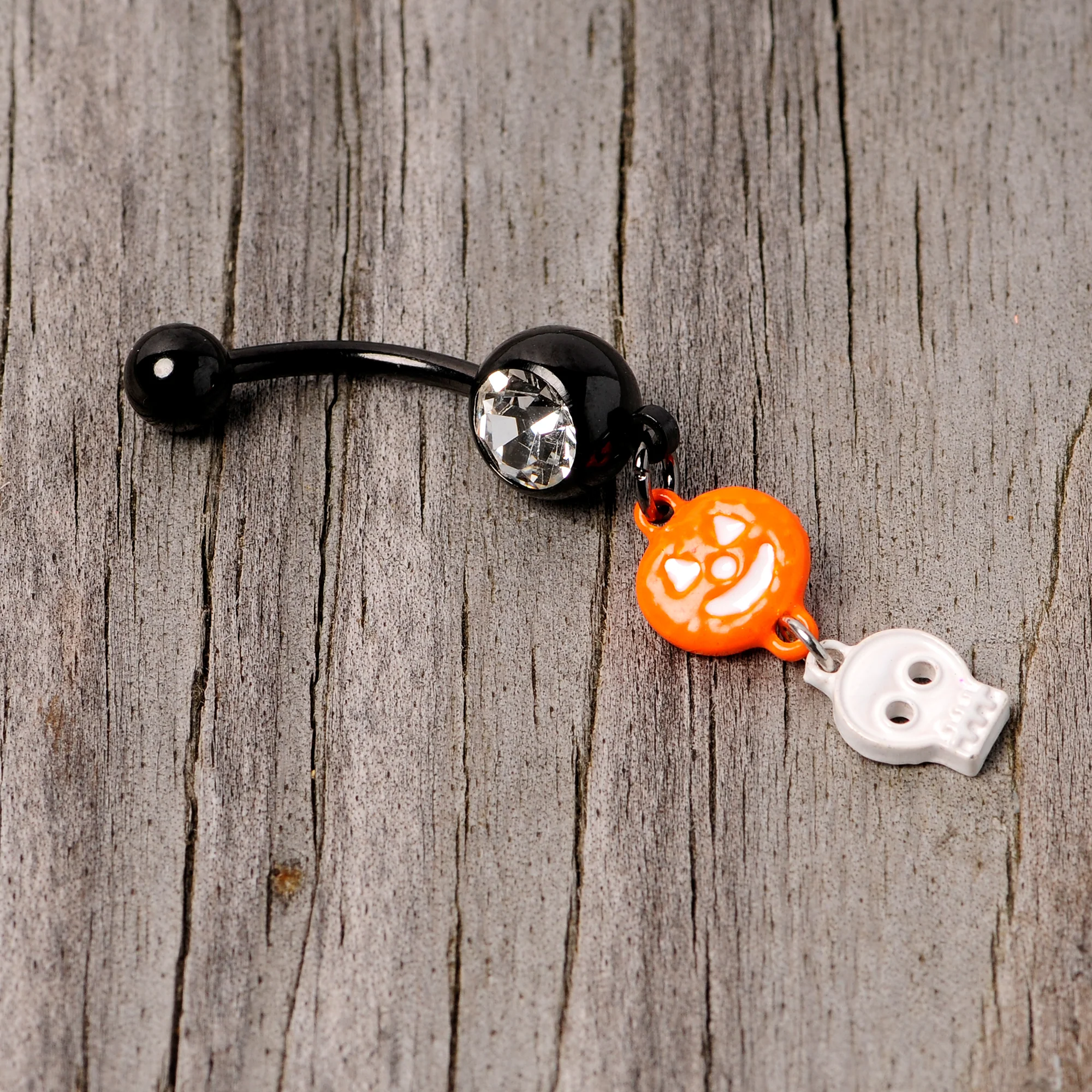 Clear Gem Black Orange Pumpkin Skull Halloween Dangle Belly Ring - Image 3