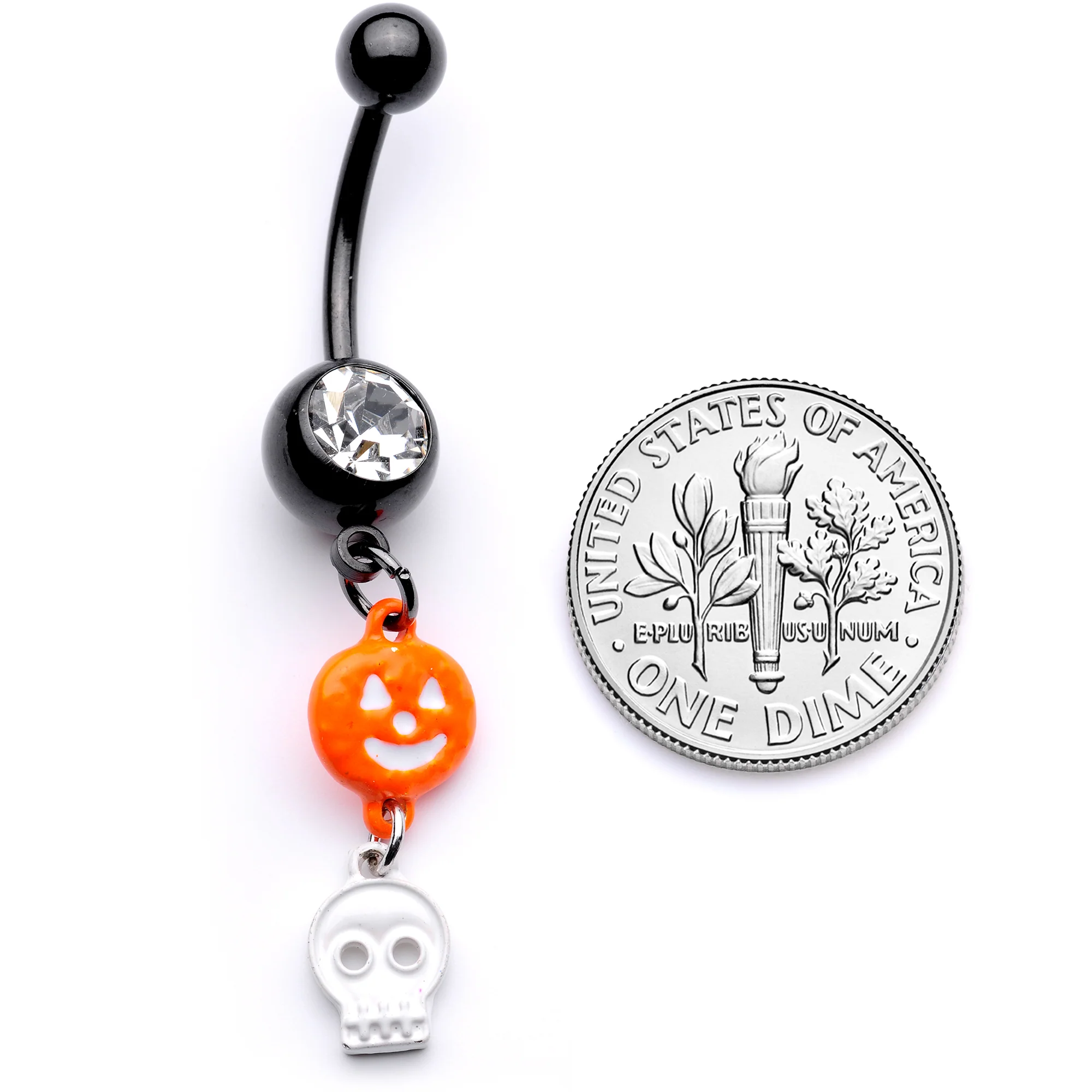 Clear Gem Black Orange Pumpkin Skull Halloween Dangle Belly Ring - Image 4