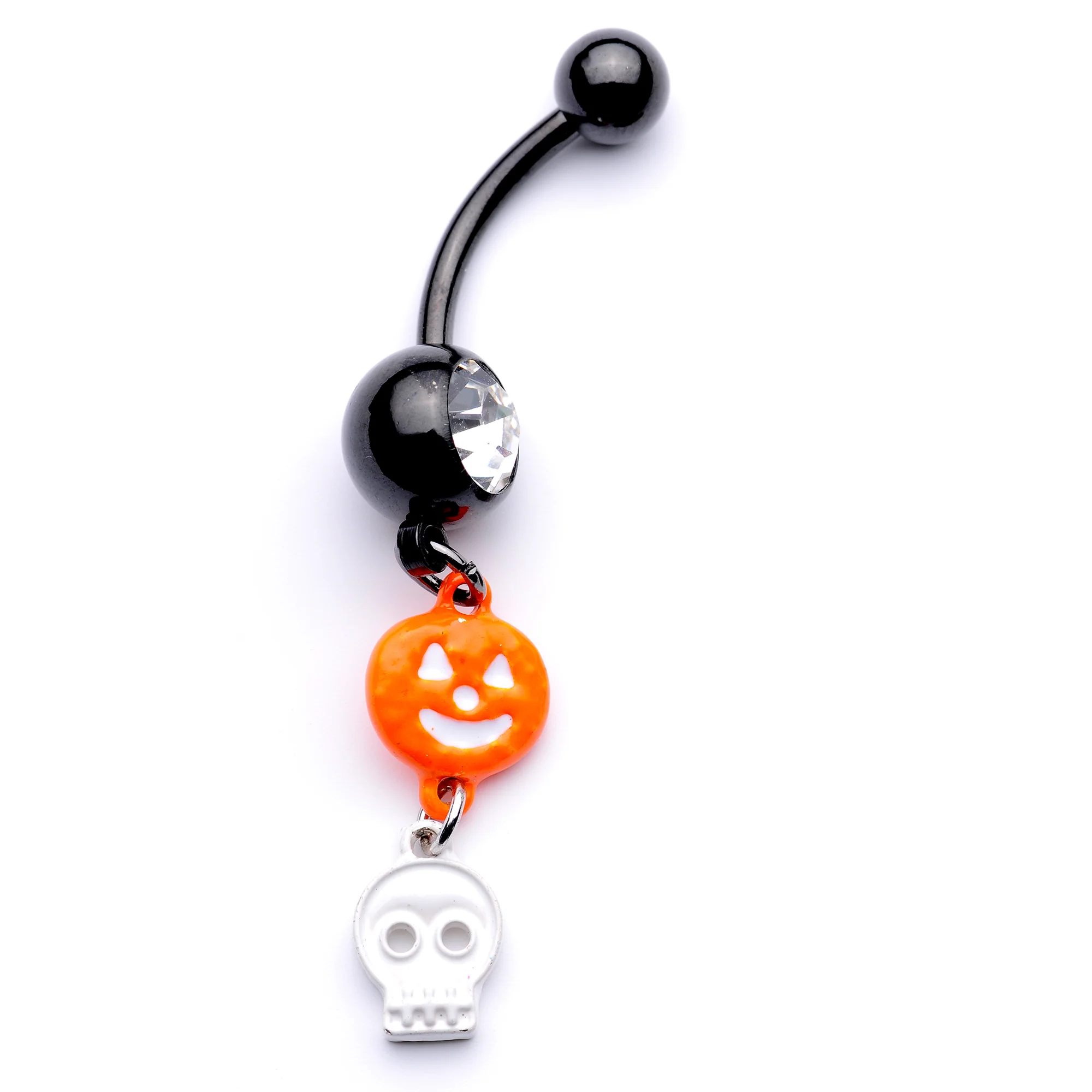 Clear Gem Black Orange Pumpkin Skull Halloween Dangle Belly Ring - Image 5