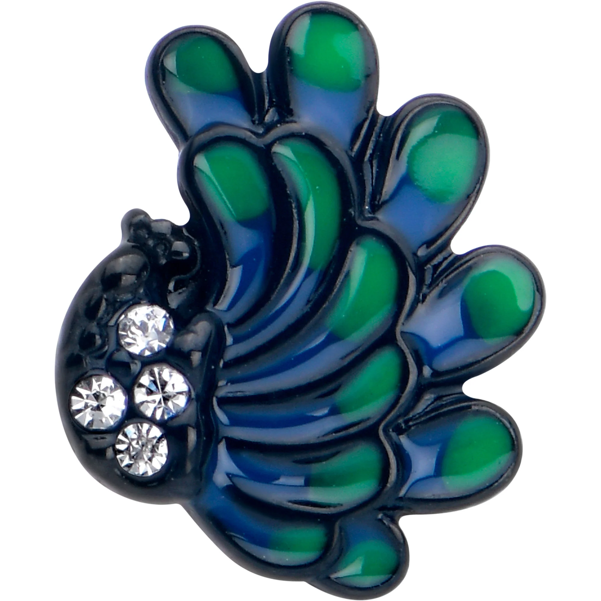 Clear Gem Black Peacock Green Barbell Tongue Ring - Image 2