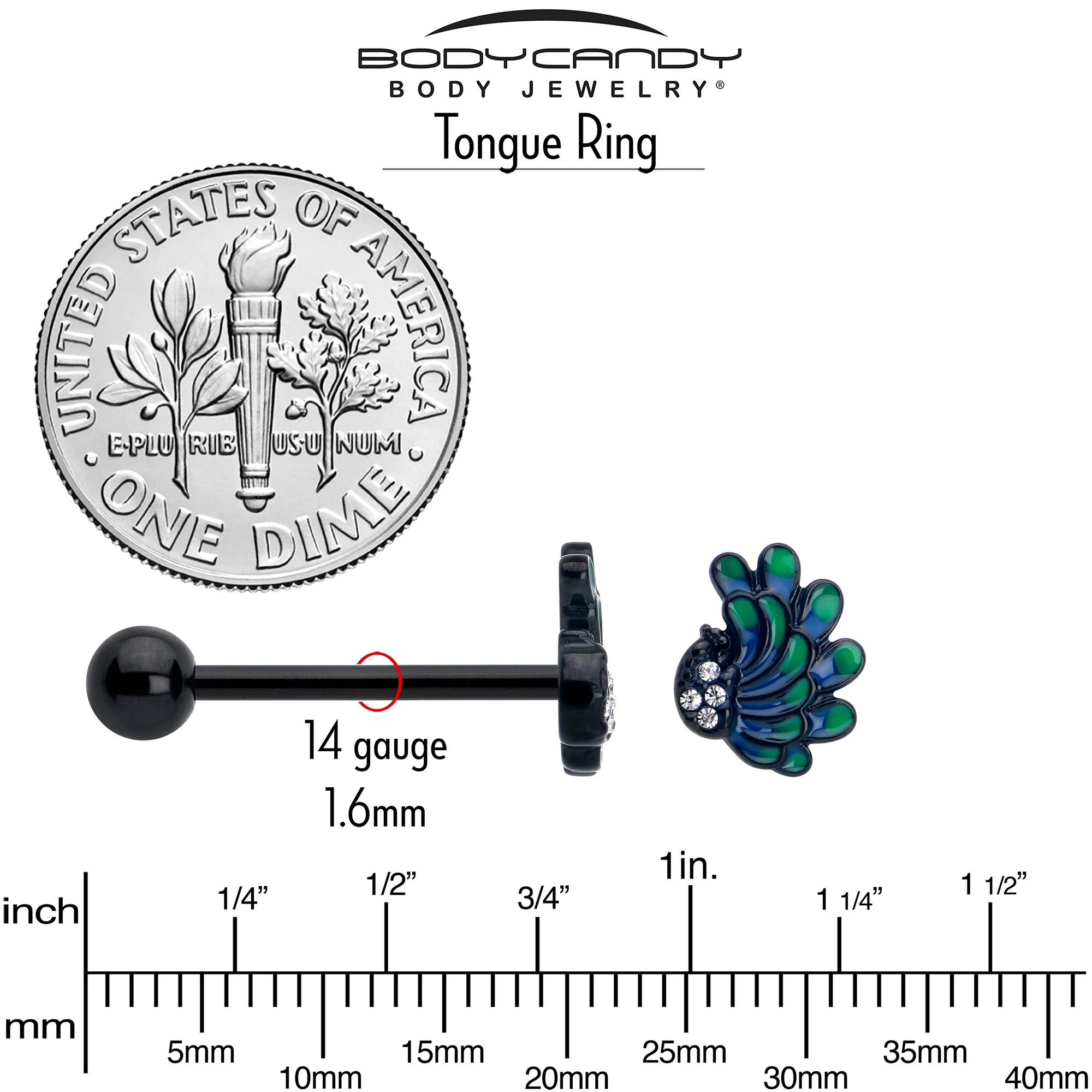 Clear Gem Black Peacock Green Barbell Tongue Ring - Image 4