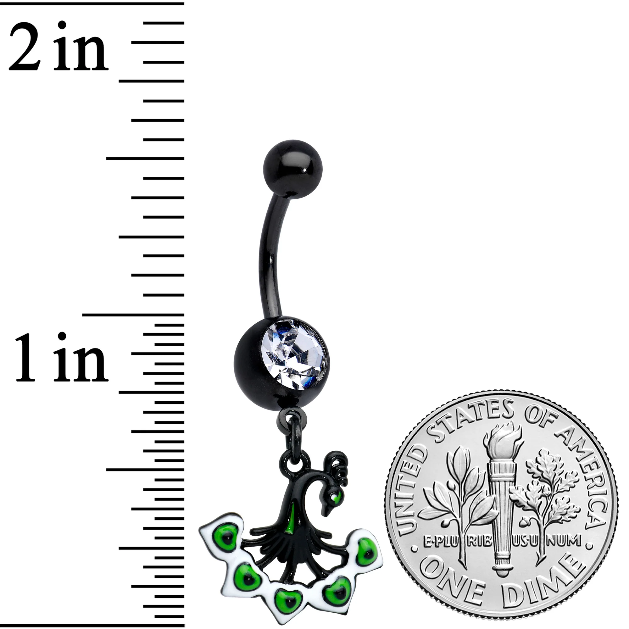 Clear Gem Black Pretty Peacock Dangle Belly Ring - Image 2
