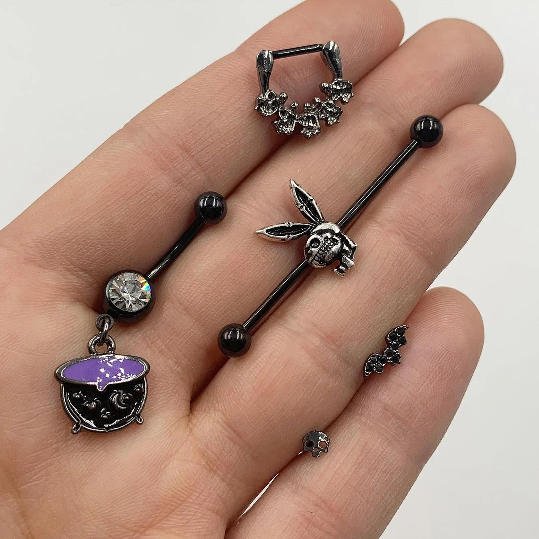 Clear Gem Black Purple Witch Cauldron Halloween Dangle Belly Ring - Image 2