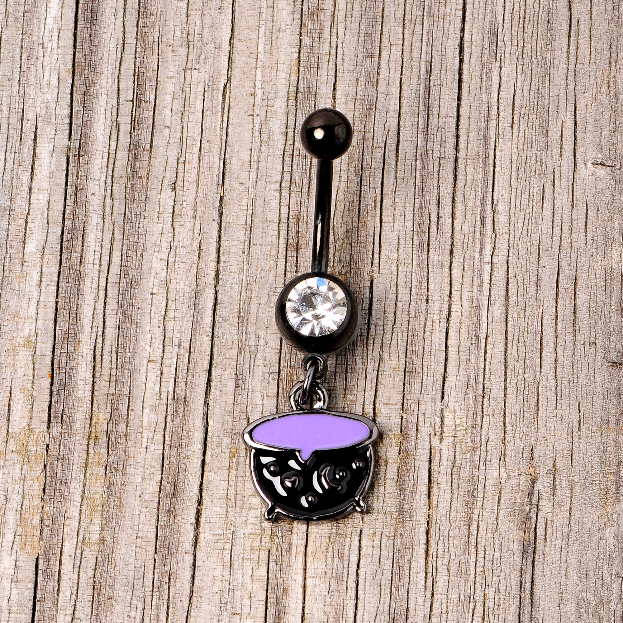 Clear Gem Black Purple Witch Cauldron Halloween Dangle Belly Ring - Image 4