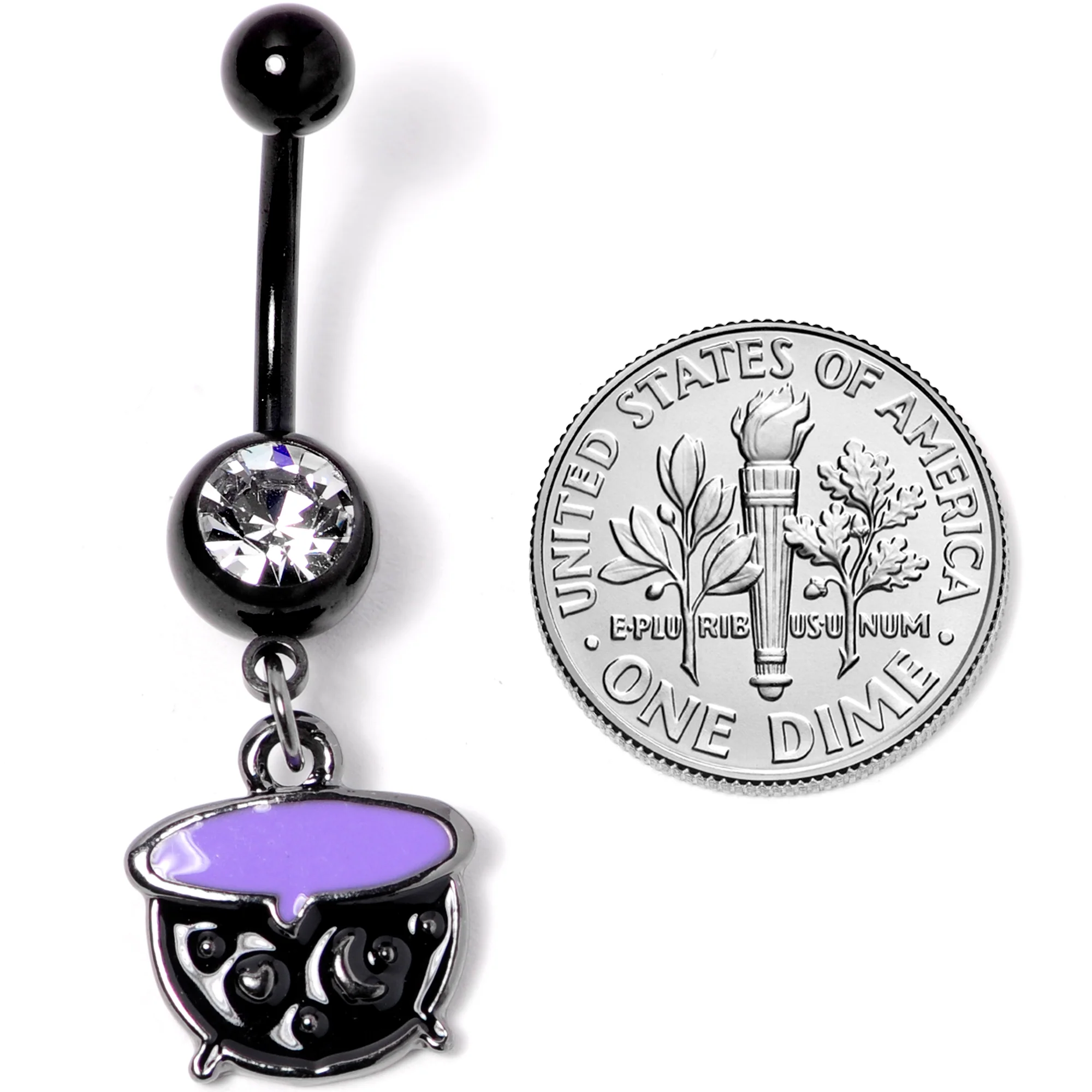 Clear Gem Black Purple Witch Cauldron Halloween Dangle Belly Ring - Image 5