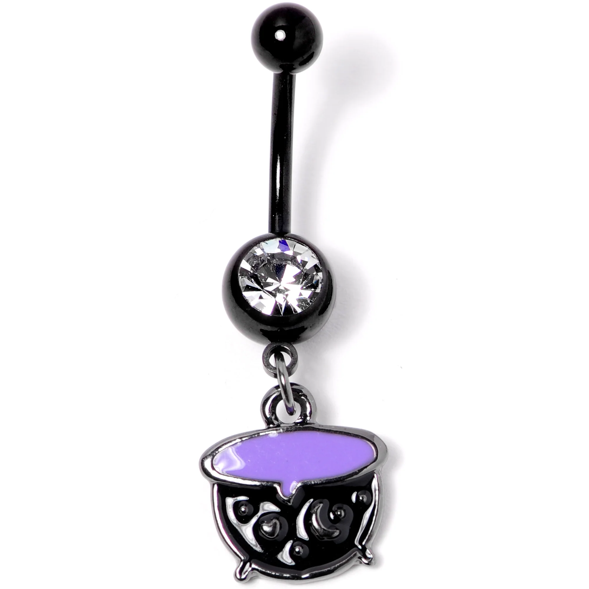 Clear Gem Black Purple Witch Cauldron Halloween Dangle Belly Ring - Image 6
