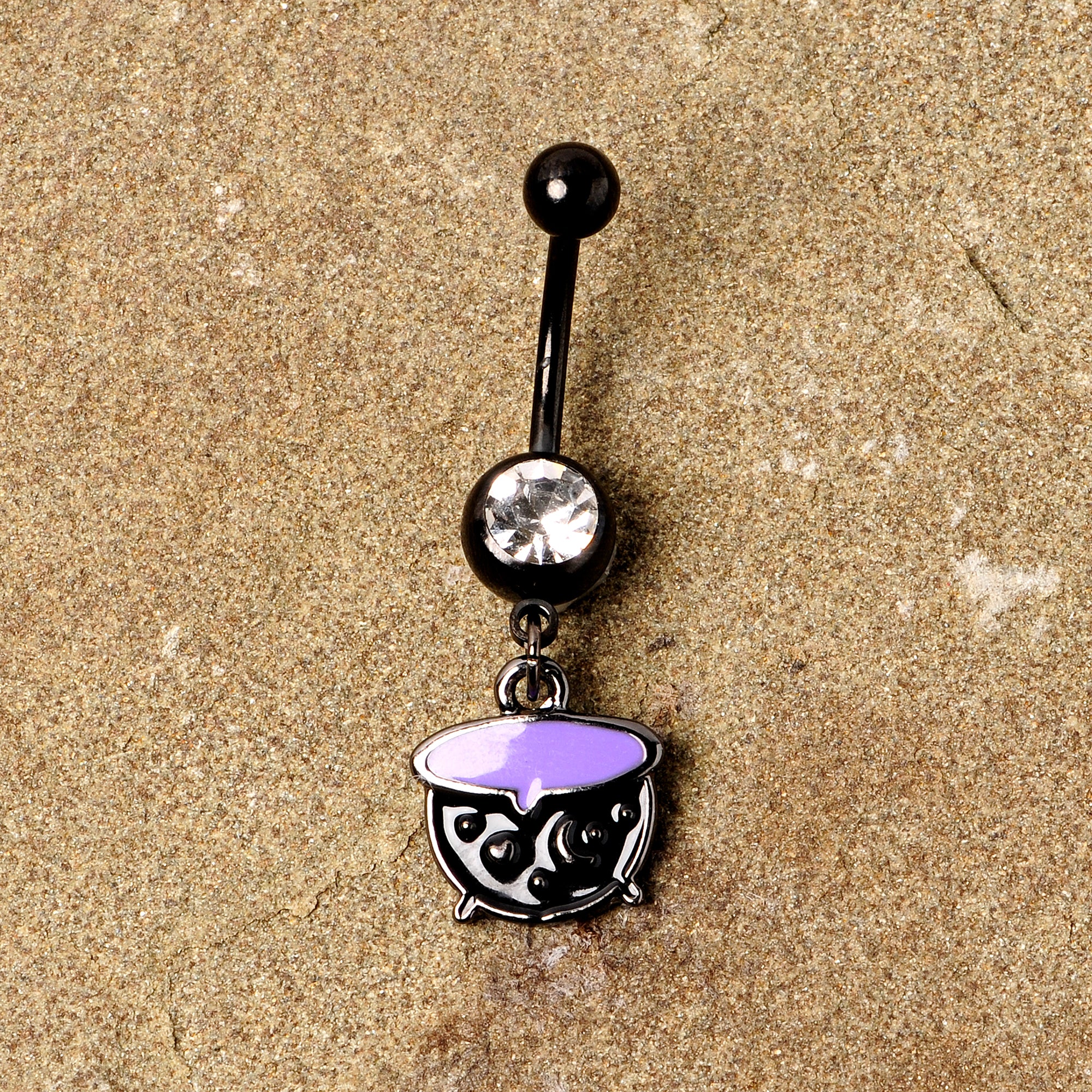 Clear Gem Black Purple Witch Cauldron Halloween Dangle Belly Ring - Image 7